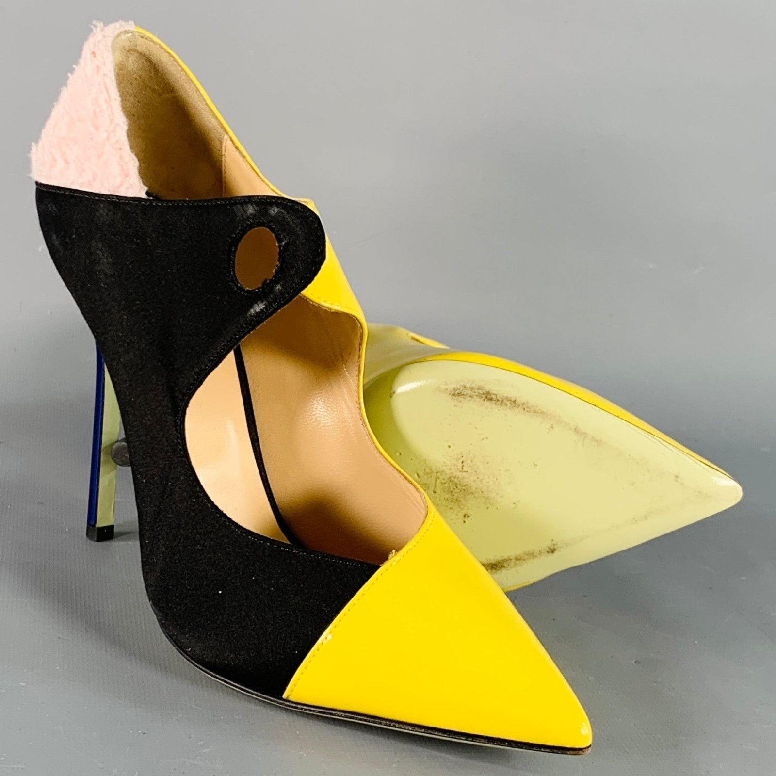 Other Yellow Black Pink Color Block Mixed Fabrics Stiletto Pumps Size US 8.5 / IT 38.5 - 5 Thumbnail