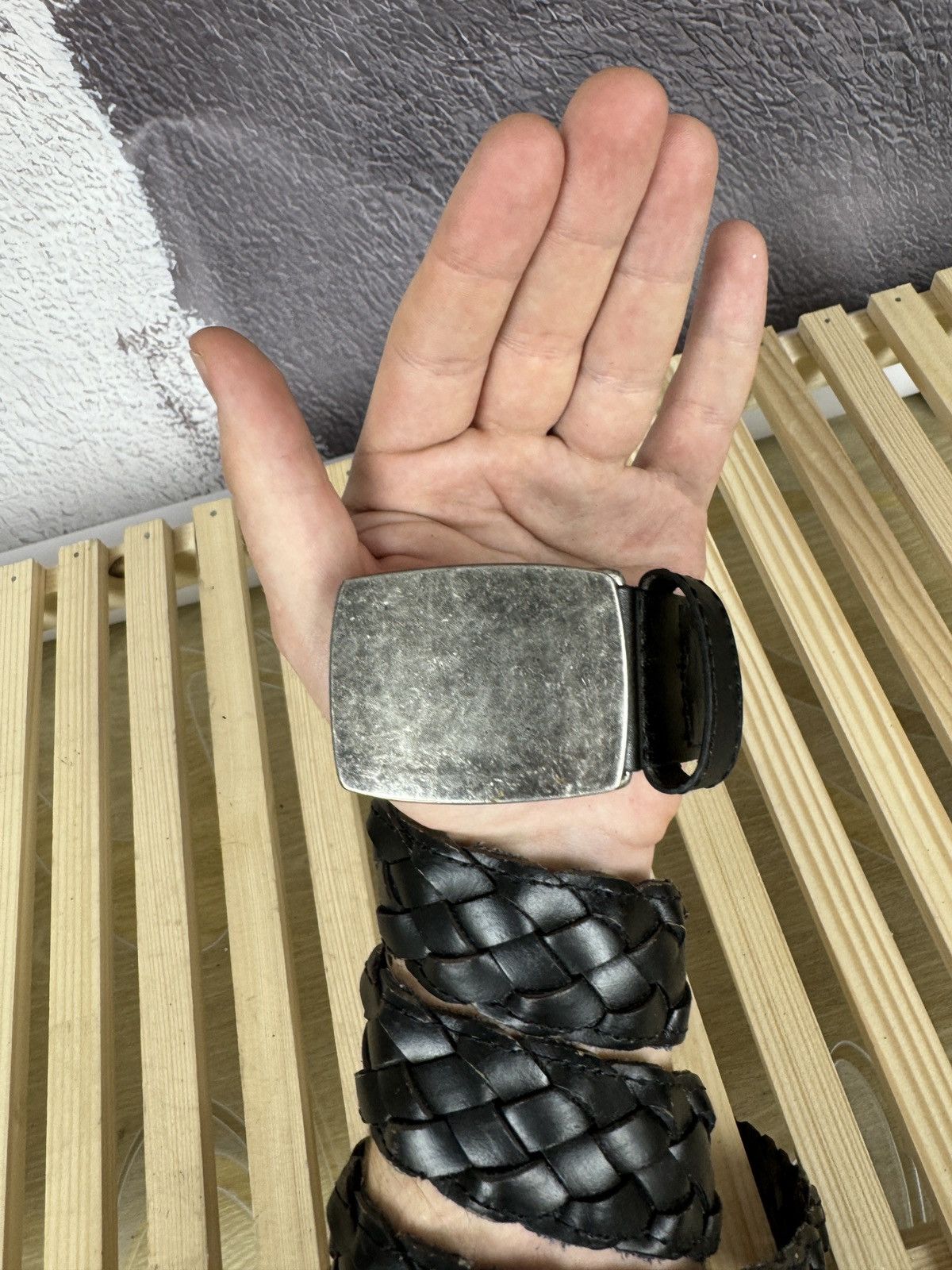 Vintage No Name Buckle Nickel free woven black leather belt size 90 Size ONE SIZE - 3 Thumbnail