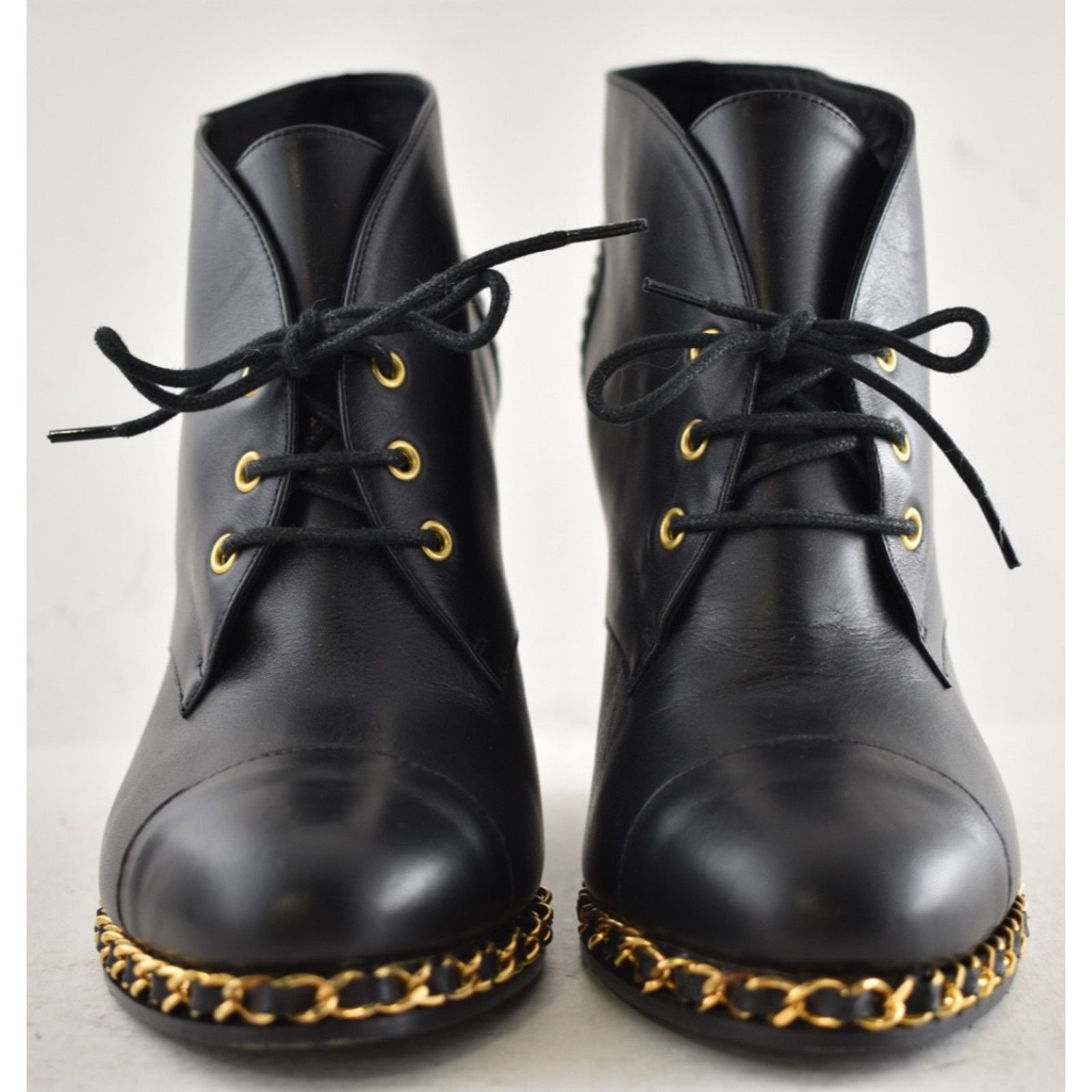 Chanel Chanel Black Leather Chain CC Lace Up Ankle Wedge Boot 38.5 Size US 8.5 / IT 38.5 - 7 Thumbnail
