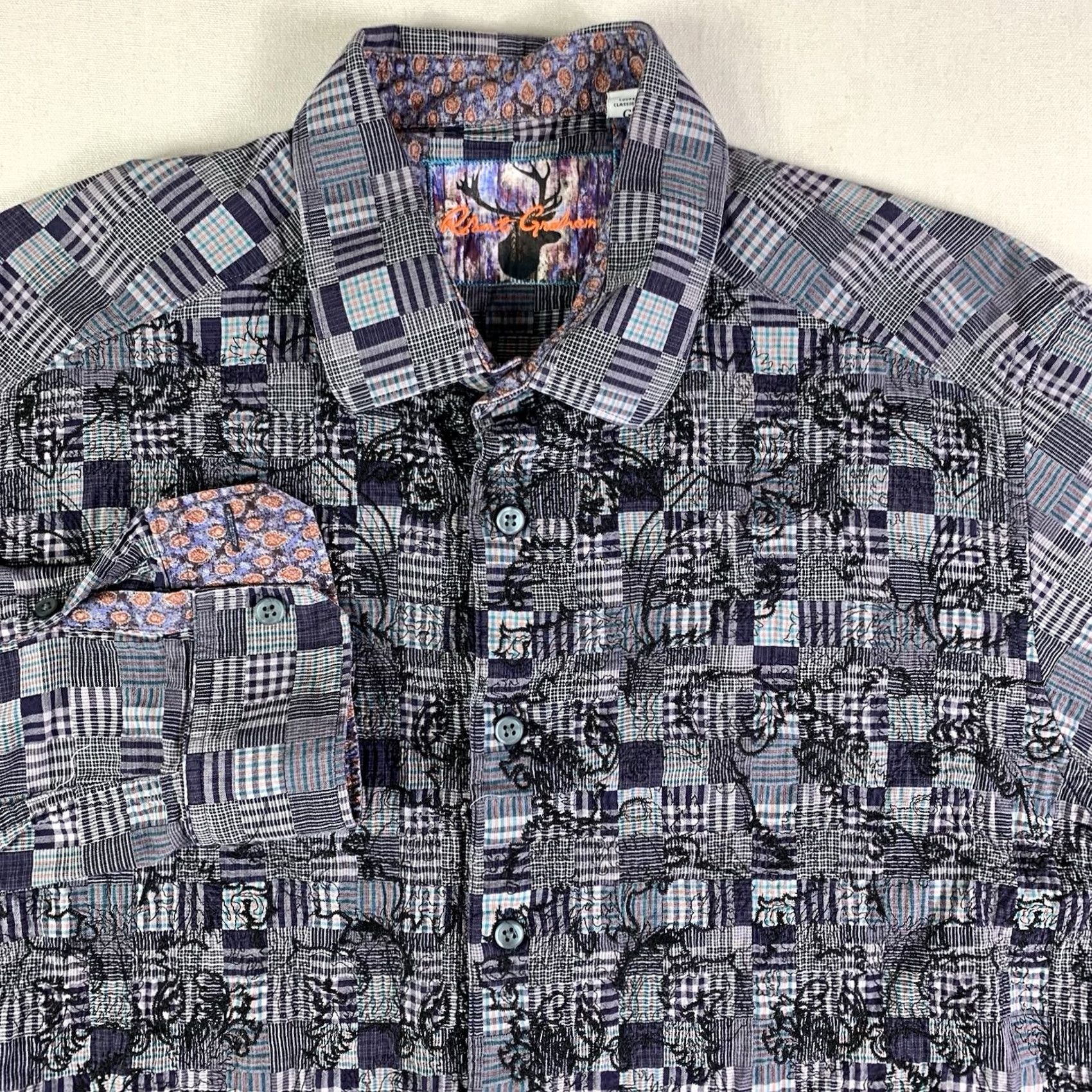 Robert Graham Robert Graham Shirt Men Large Gray Patchwork Button-Up Long Sleeve Cotton Plaid Paisley Flip Cuff Classic Fit Size US L / EU 52-54 / 3 - 2 Thumbnail