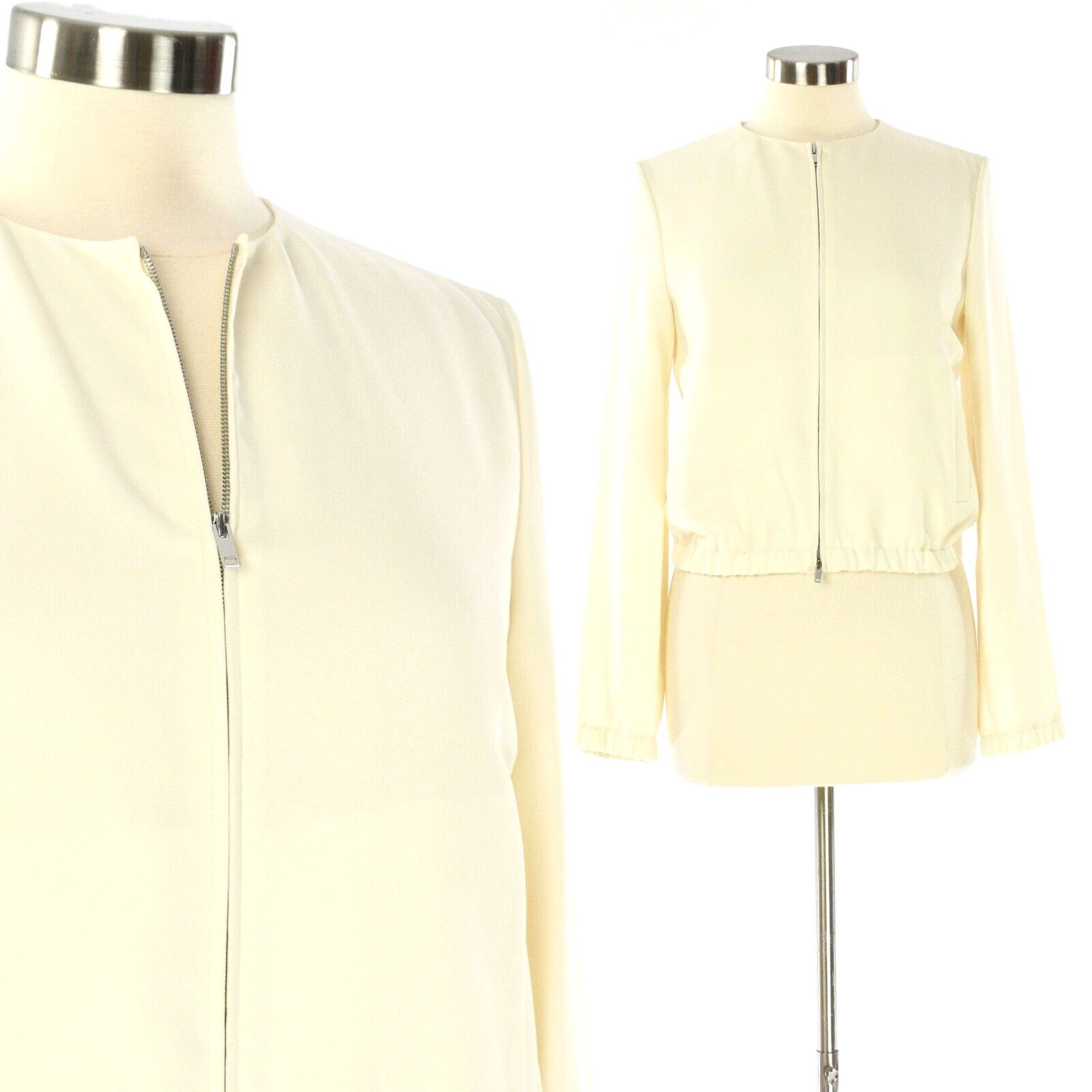 image of New Womens Theory Ivory Bomber Jacket Size 2 Clean Collarless Jacket Designer in White