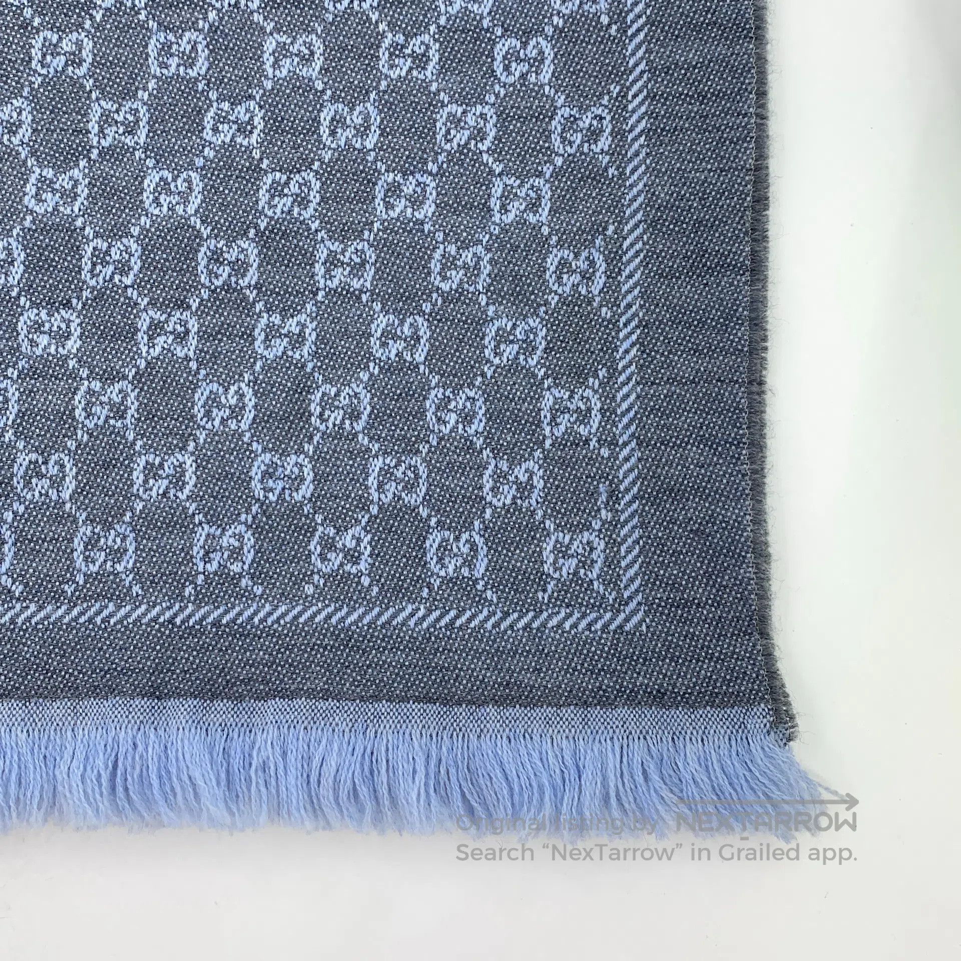 Gucci Guicci Blue-Gray Logo Jacquard Full Print Fringe Scarf| Size ONE SIZE - 4 Thumbnail