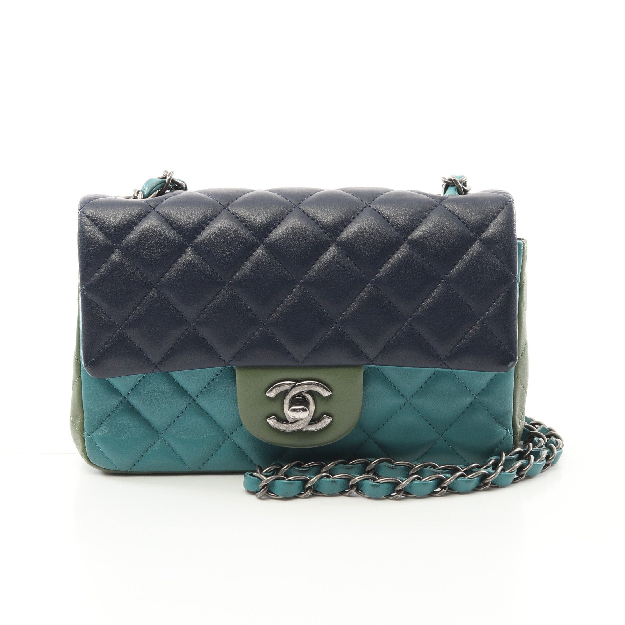 Chanel Mini Matelasse 20 Chain Shoulder Bag Lambskin Navy Blue Green Khaki Silver Hardware, Women's