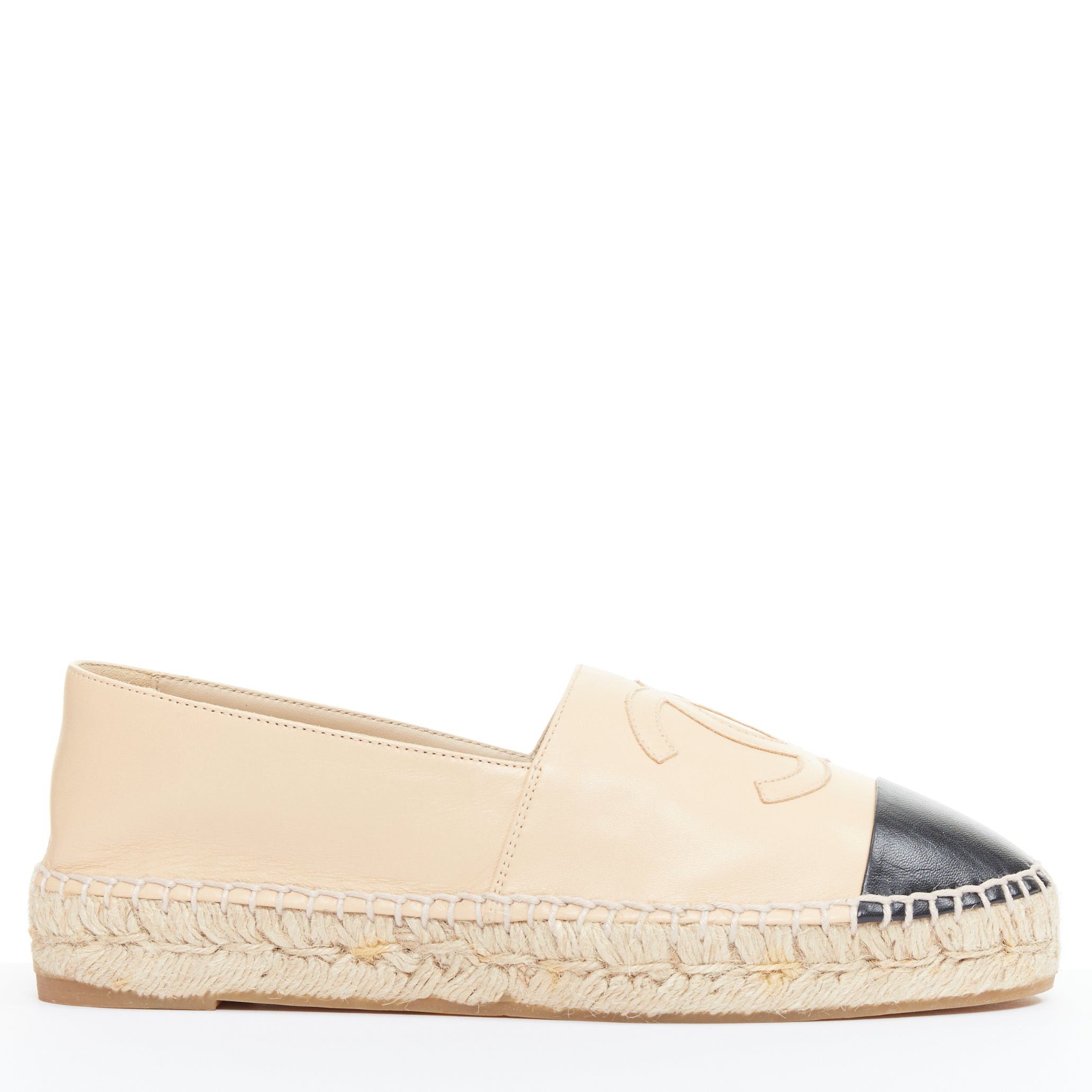 Chanel CHANEL nude lamb leather CC logo black toe cap beige espadrille shoes EU38 Size US 8 / IT 38 - 1 Thumbnail
