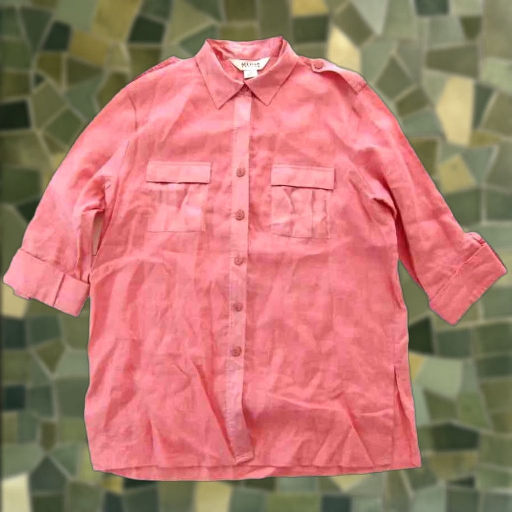 Vintage Allison Taylor Pink Linen Silk Trim Button Down Collared Long Sleeve Blouse XL Size XL / US 12-14 / IT 48-50 - 1 Thumbnail
