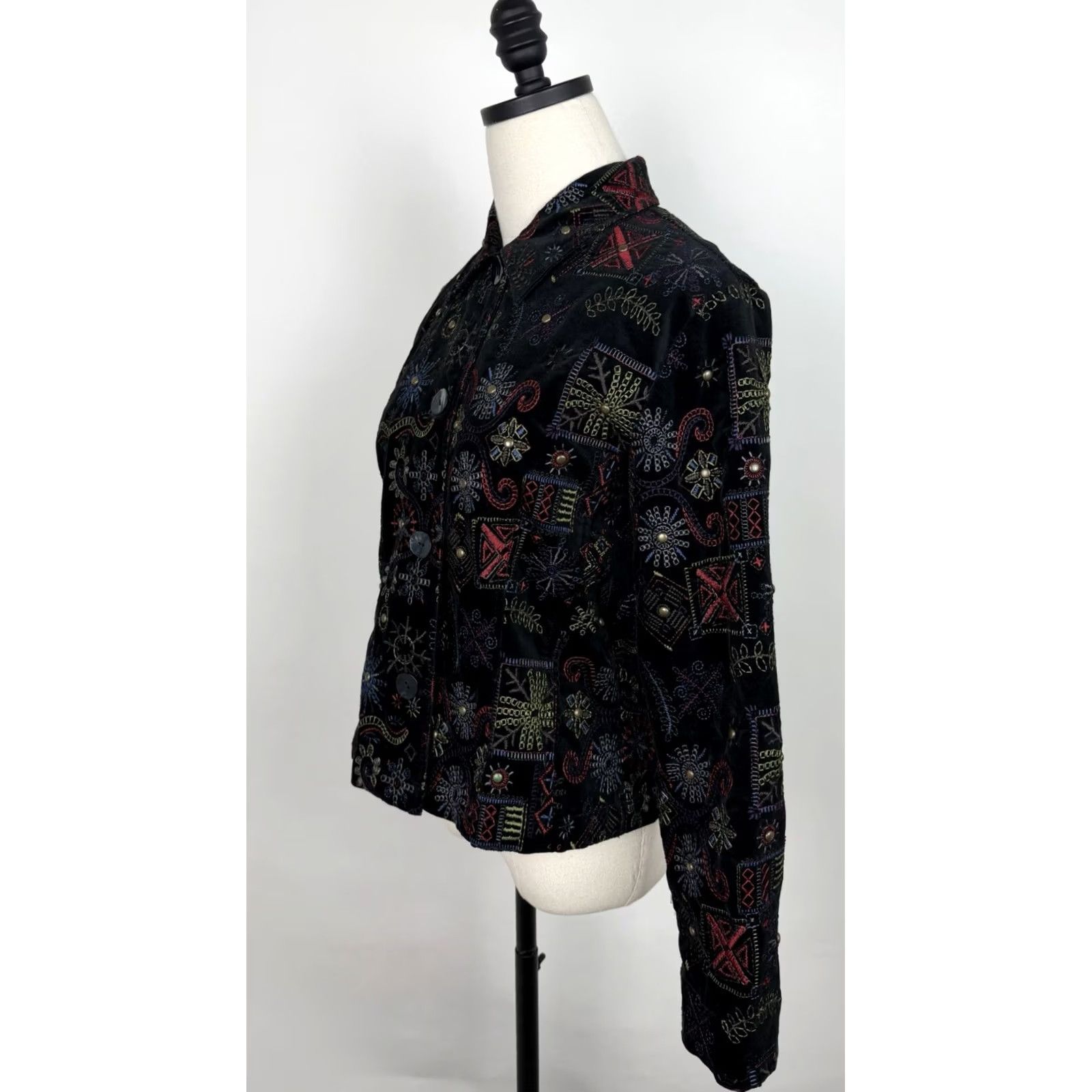 Vintage Chicos Jacket Womens Small Black Velvet Embroidered Studded 90s Bohemian Western Vintage Coat Short Sleeve Button Front Stretch Size S / US 4 / IT 40 - 7 Thumbnail