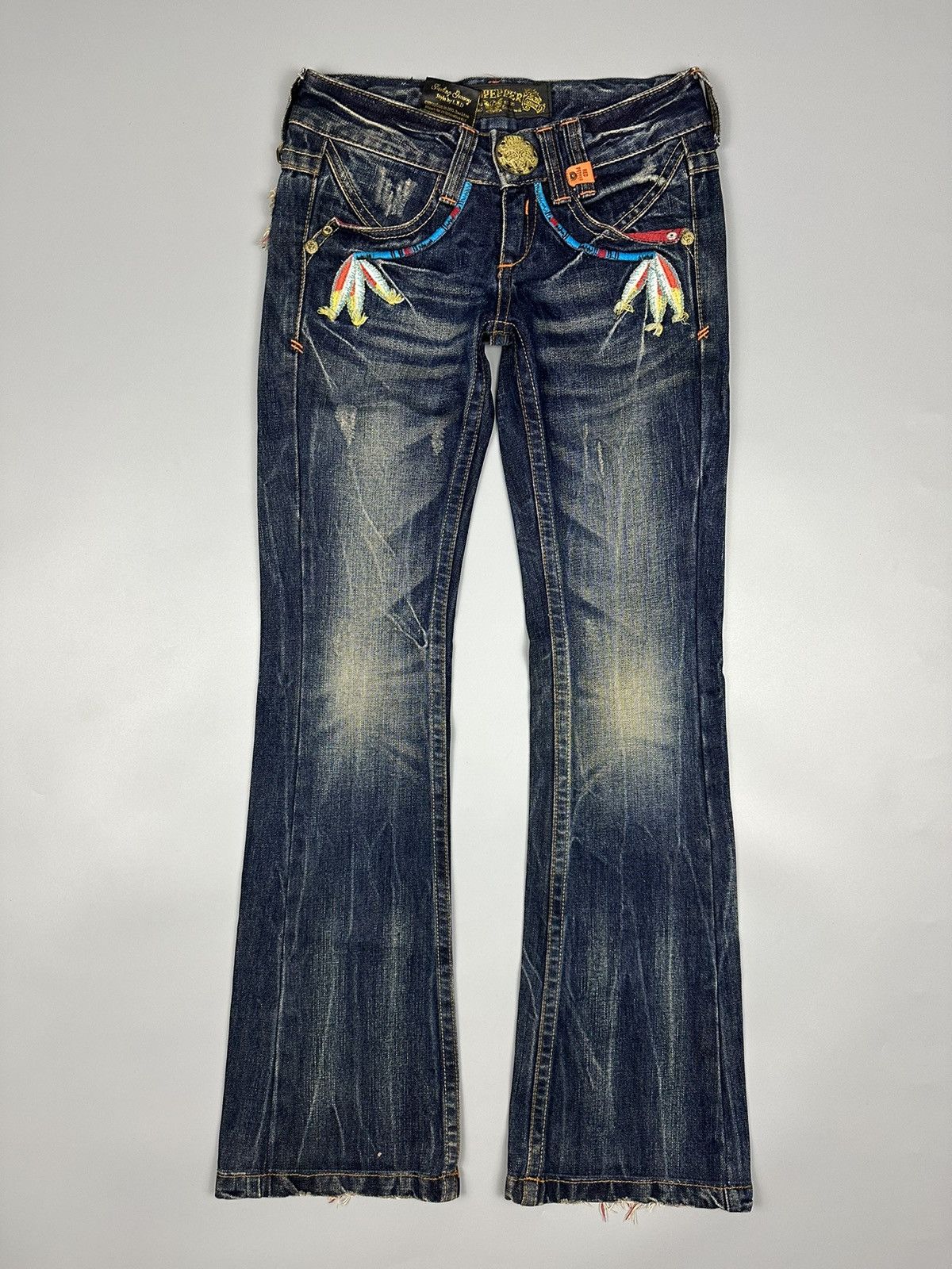 If Six Was Nine × Le Grande Bleu (L.G.B.) 🔥Flared🔥Red Pepper Embroidered Whiskered Flared Denim Size US 27 - 1 Thumbnail