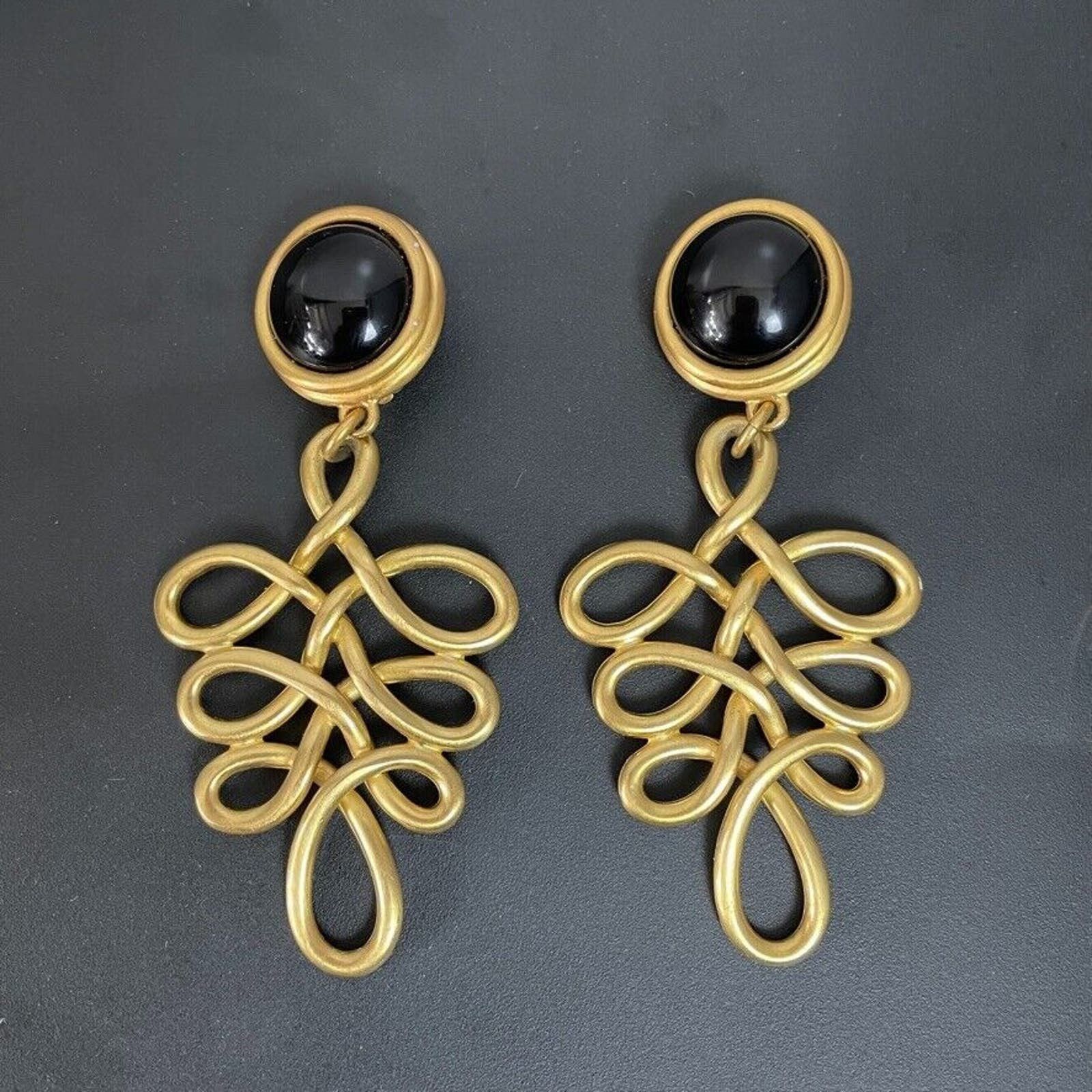 Anne Klein Rare Matte Gold Tone Faux Onyx Script Earrings