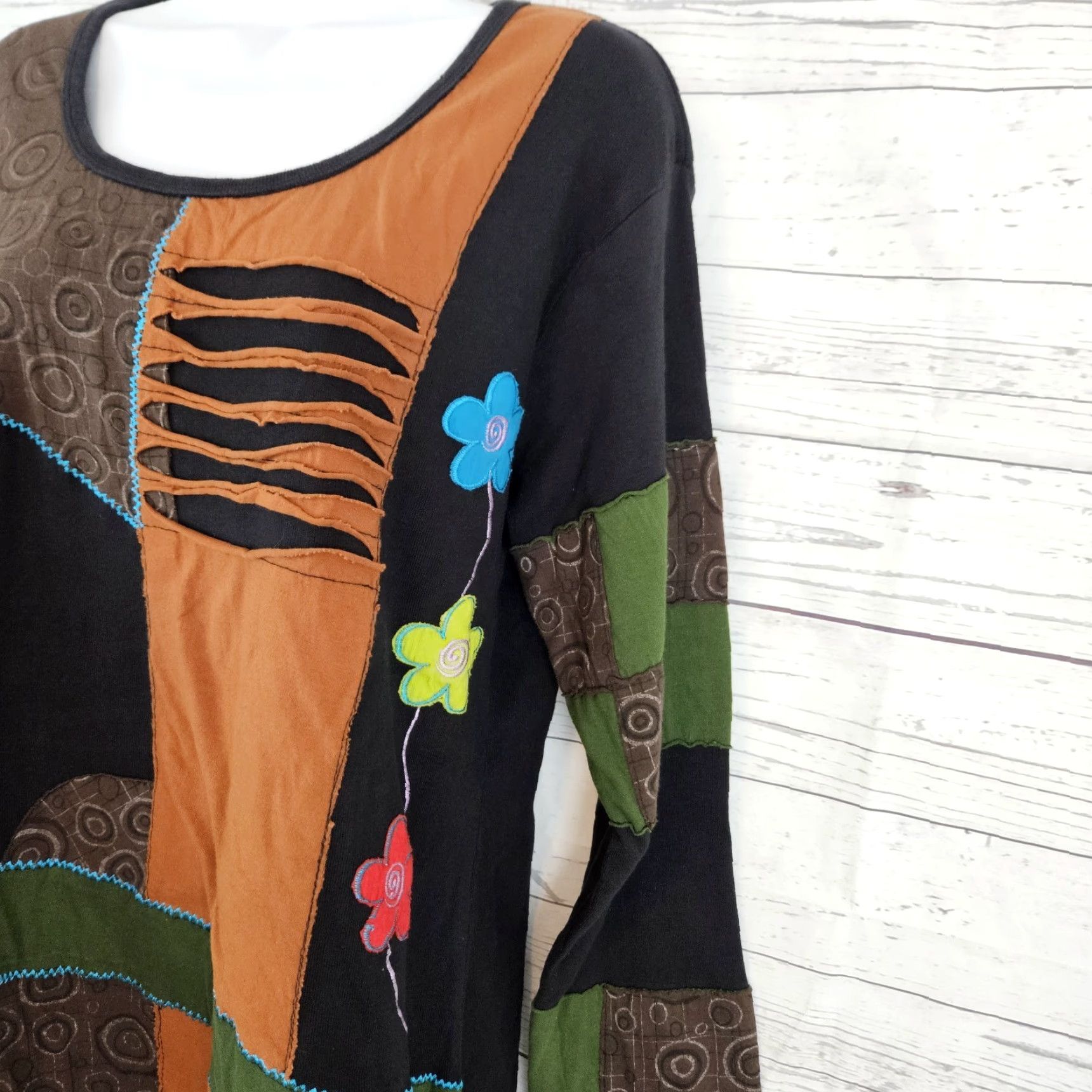 Vintage Agan Traders Womens Top 2XL Black Cotton Long Sleeve Patchwork Boho Embroidered Shirt Size XXL / US 16-18 / IT 52-54 - 3 Thumbnail