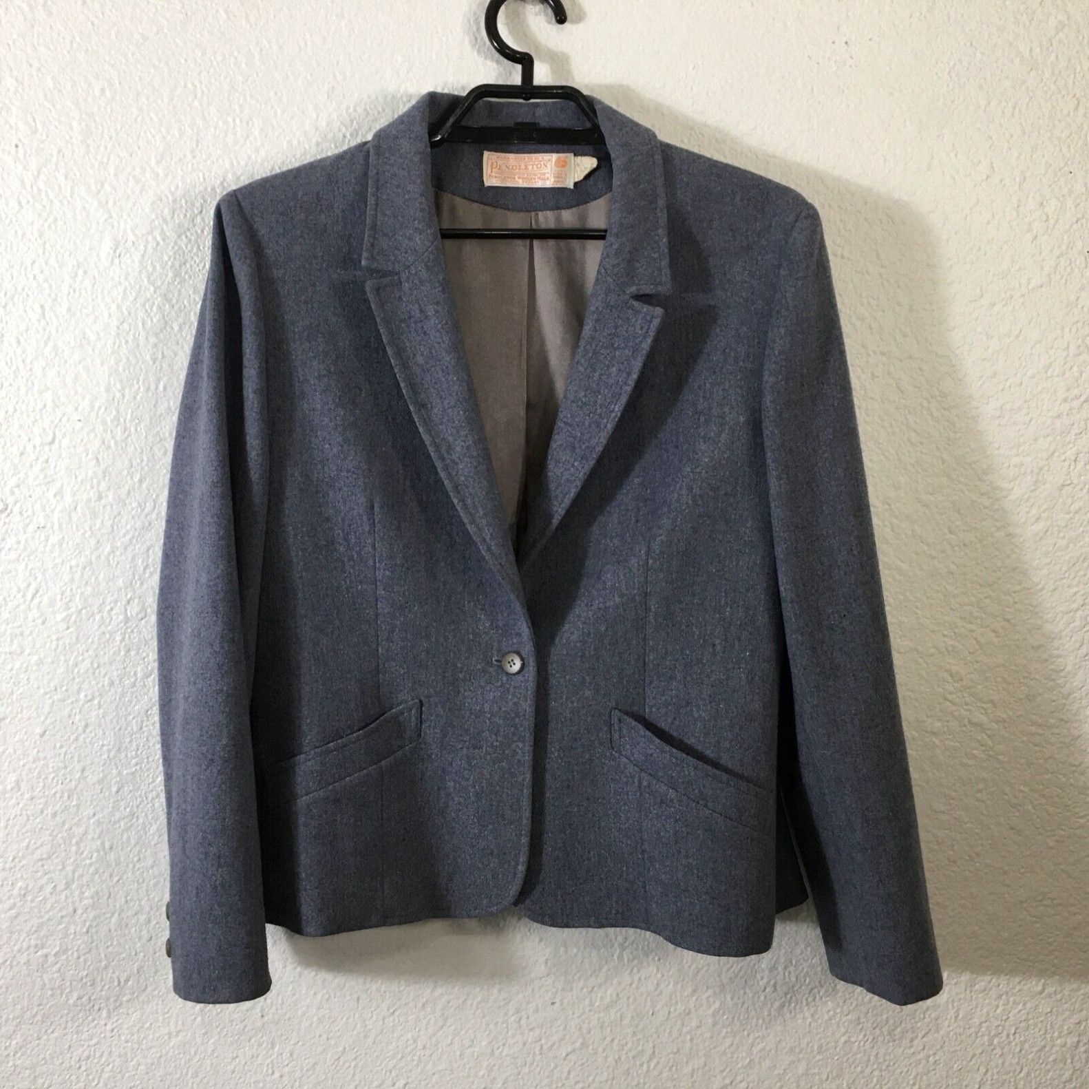 image of Vintage Pendleton Blazer Womens M Slate Blue Wool Solid Button Long Sleeve Lined in White (Size Med