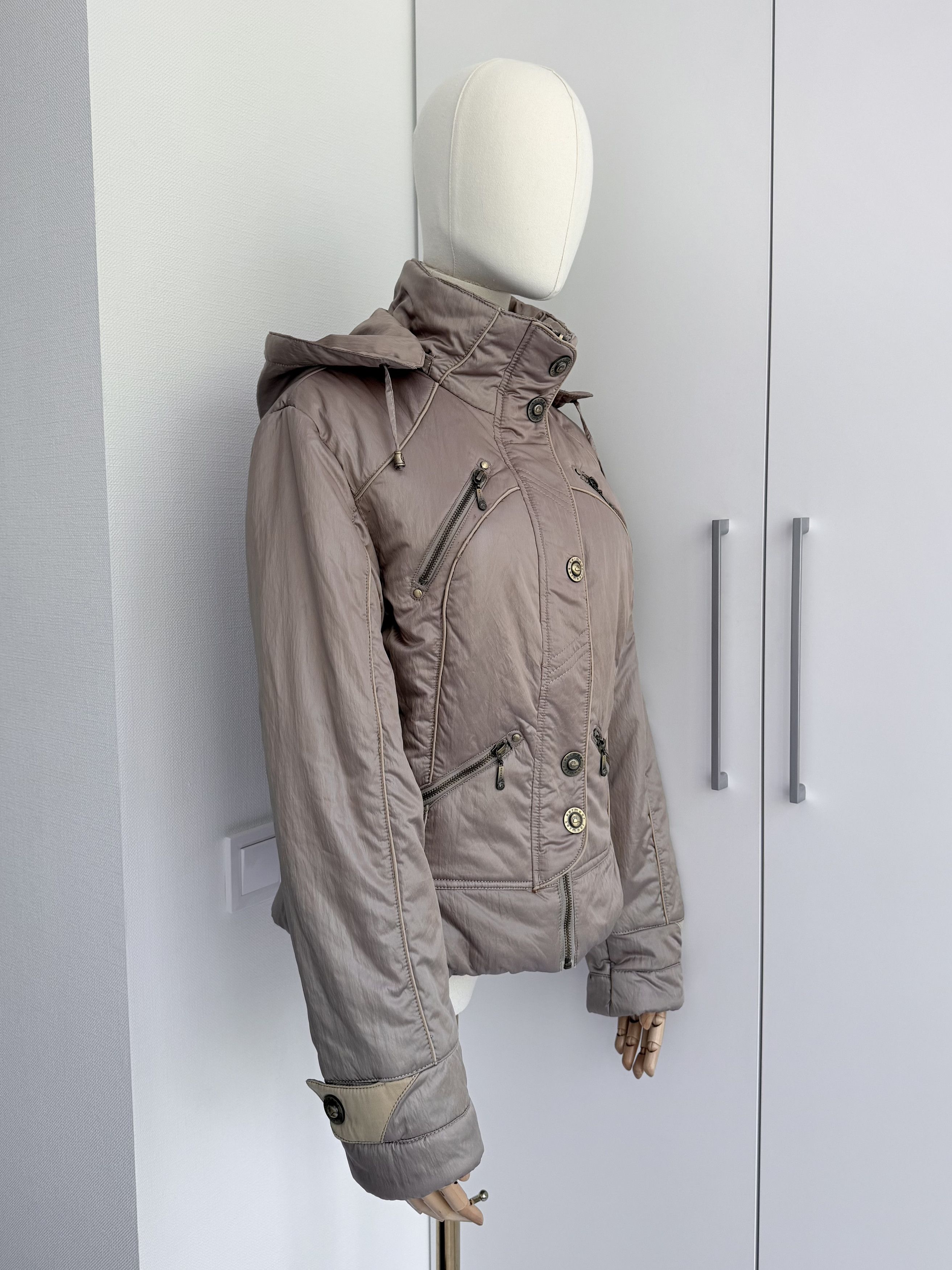 Vintage Taupe Hooded Jacket Women L Zip Up Y2K Utility Biker Coat Size L / US 10 / IT 46 - 3 Thumbnail