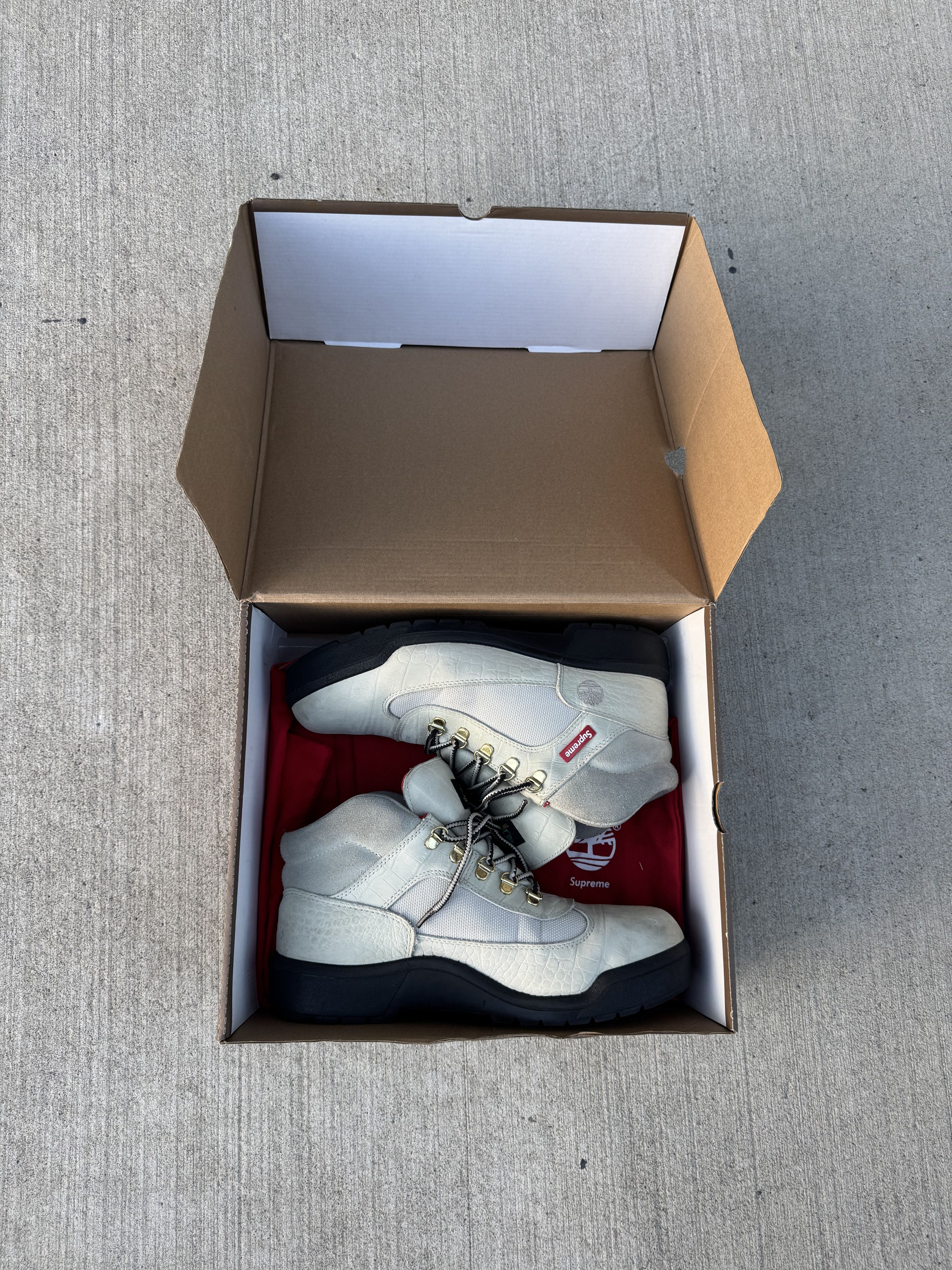 Supreme fw16 supreme x timberland field boot in white croc. | Grailed
