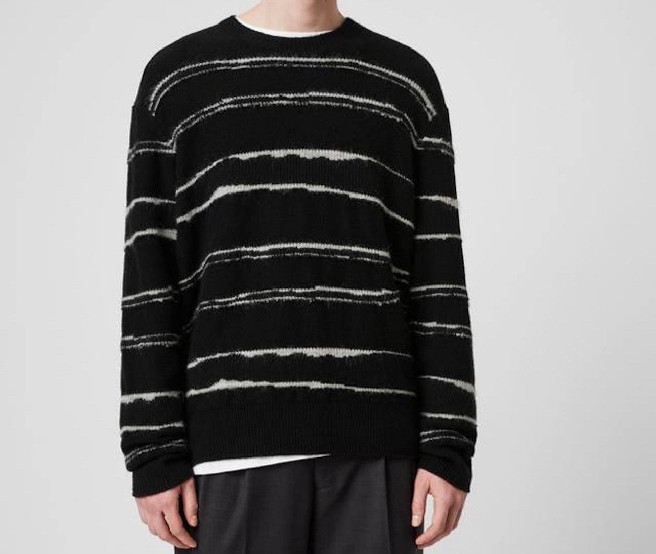 image of Vintage Allsaints Lectro Crew Sweater Oversized Sweater S in Black White, Men's (Size Small)