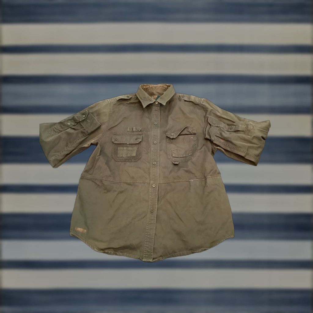 Olive VINTAGE Lauren LRL Women Shirt Adult Large Green Cotton Necks Collared Short Sleeve Snap Front Utility 1967 Military Logo Pockets Mens? Girls? Wait. Size L / US 10 / IT 46 - 1 Thumbnail