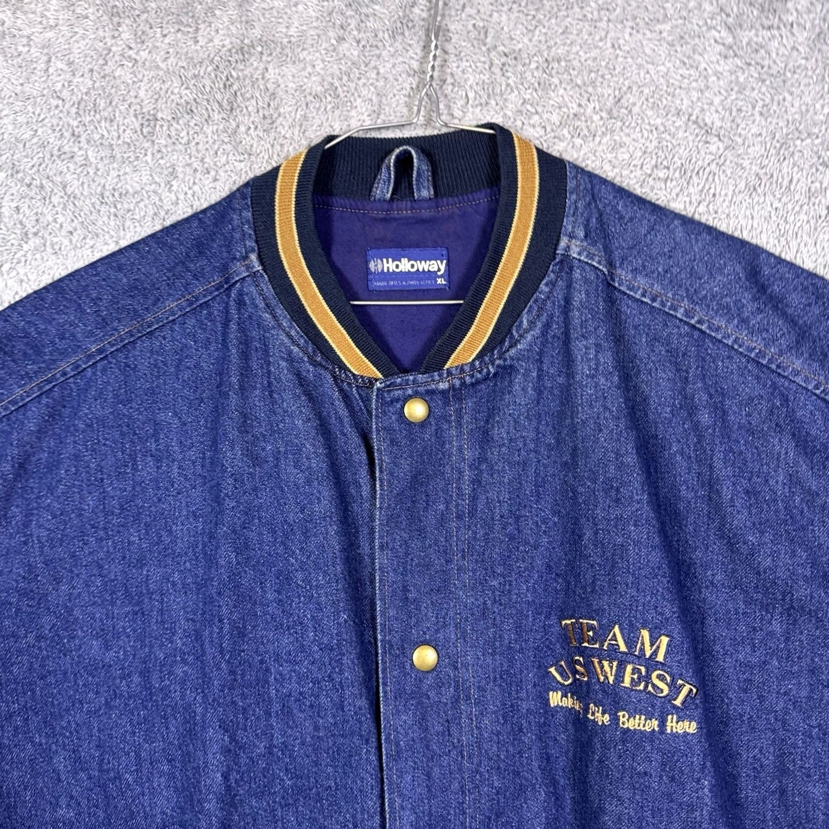 Holloway VINTAGE Holloway Varsity Jacket Mens XL Denim Bomber Canvas Sleeves USA Made 90s Blue Geometric Chest 50in Shoes? Size US XL / EU 56 / 4 - 4 Thumbnail
