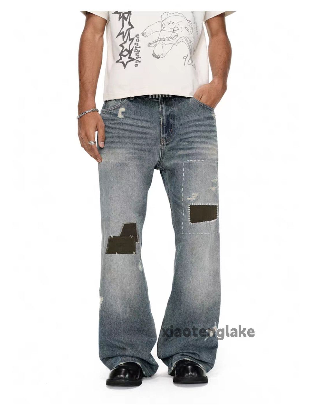 Vintage Unisex washed faded loose baggy skate hiphop patch jeans Size US 32 / EU 48 - 7 Thumbnail