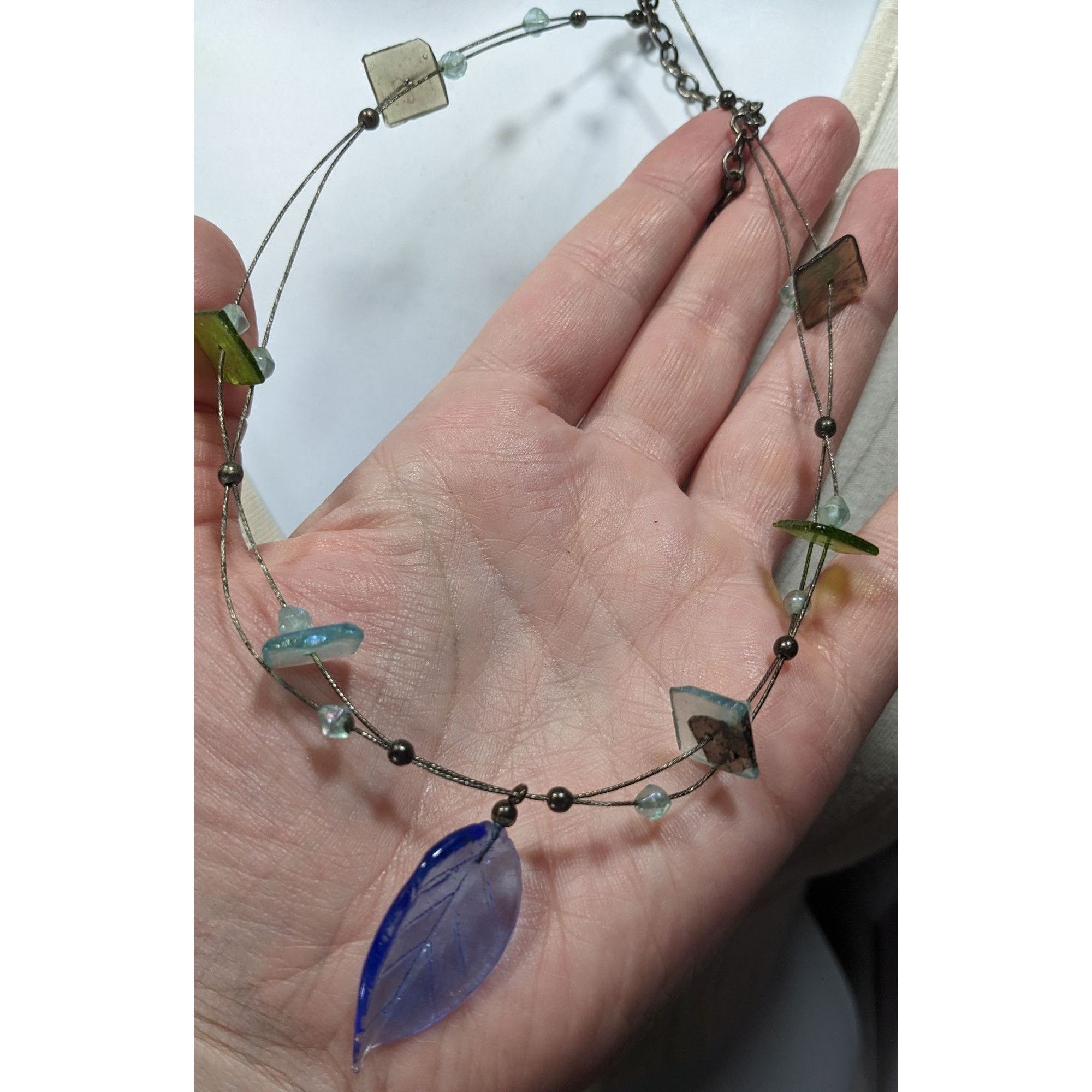 Handmade Handcrafted Necklace With Blue Glass Leaf Pendant & Green Ac Size ONE SIZE - 5 Thumbnail