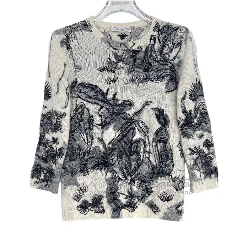 Dior Dior Gray cashmere dove floral inlaid round-neck long-slee Size XXS / US 00 / IT 34 - 1 Thumbnail