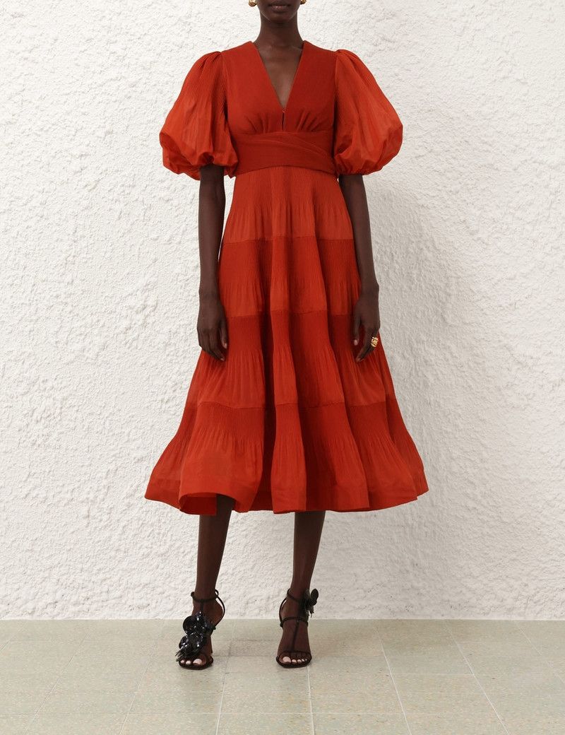 Zimmermann oc11z0226 Pleated Midi Dress In Red Size L / US 10 / IT 46 - 2 Thumbnail
