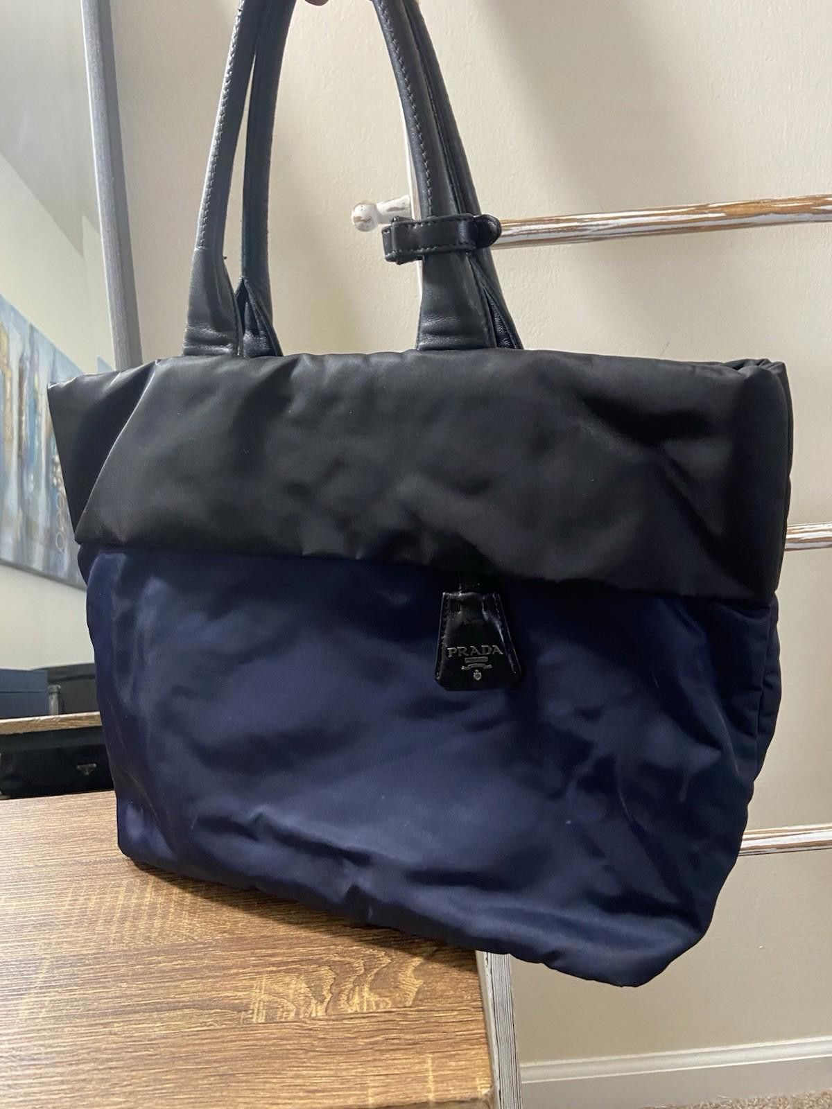 Prada Prada Tessuto Black Blue Nylon Leather Bomber Hand Tote Bag Size ONE SIZE - 2 Thumbnail