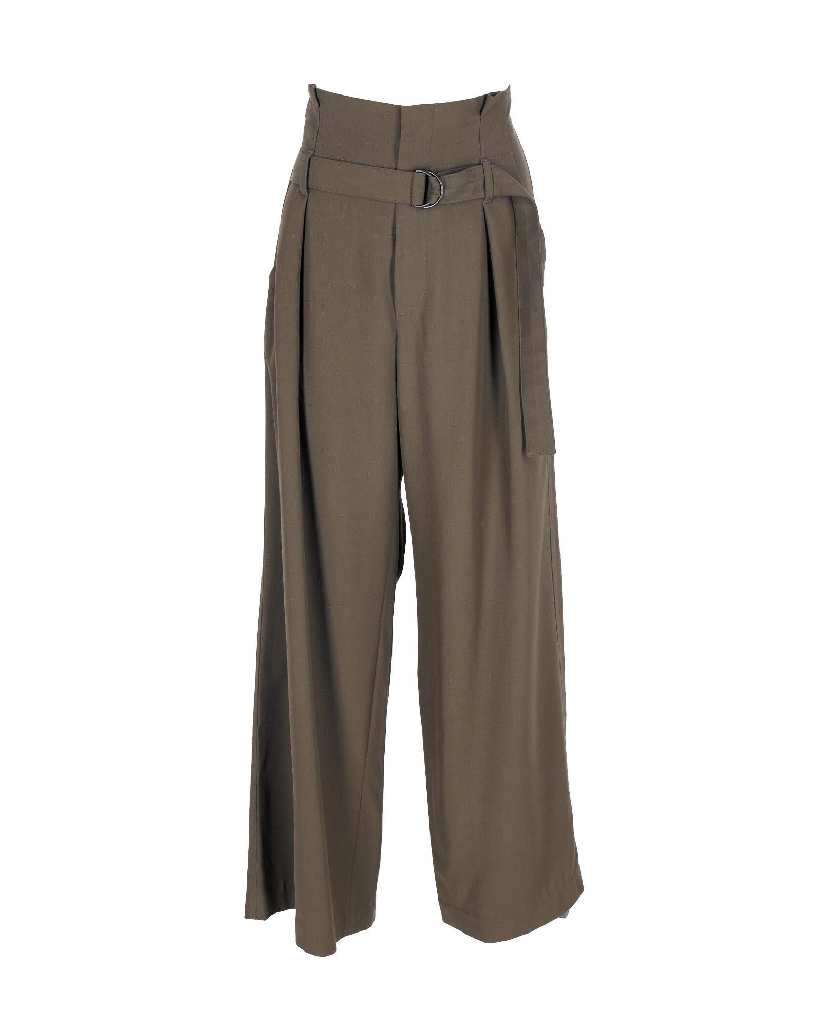 image of Brunello Cucinelli Belted Wide Leg Trousers In Khaki Viscose And Virgin Wool in Green/Khaki, Women'