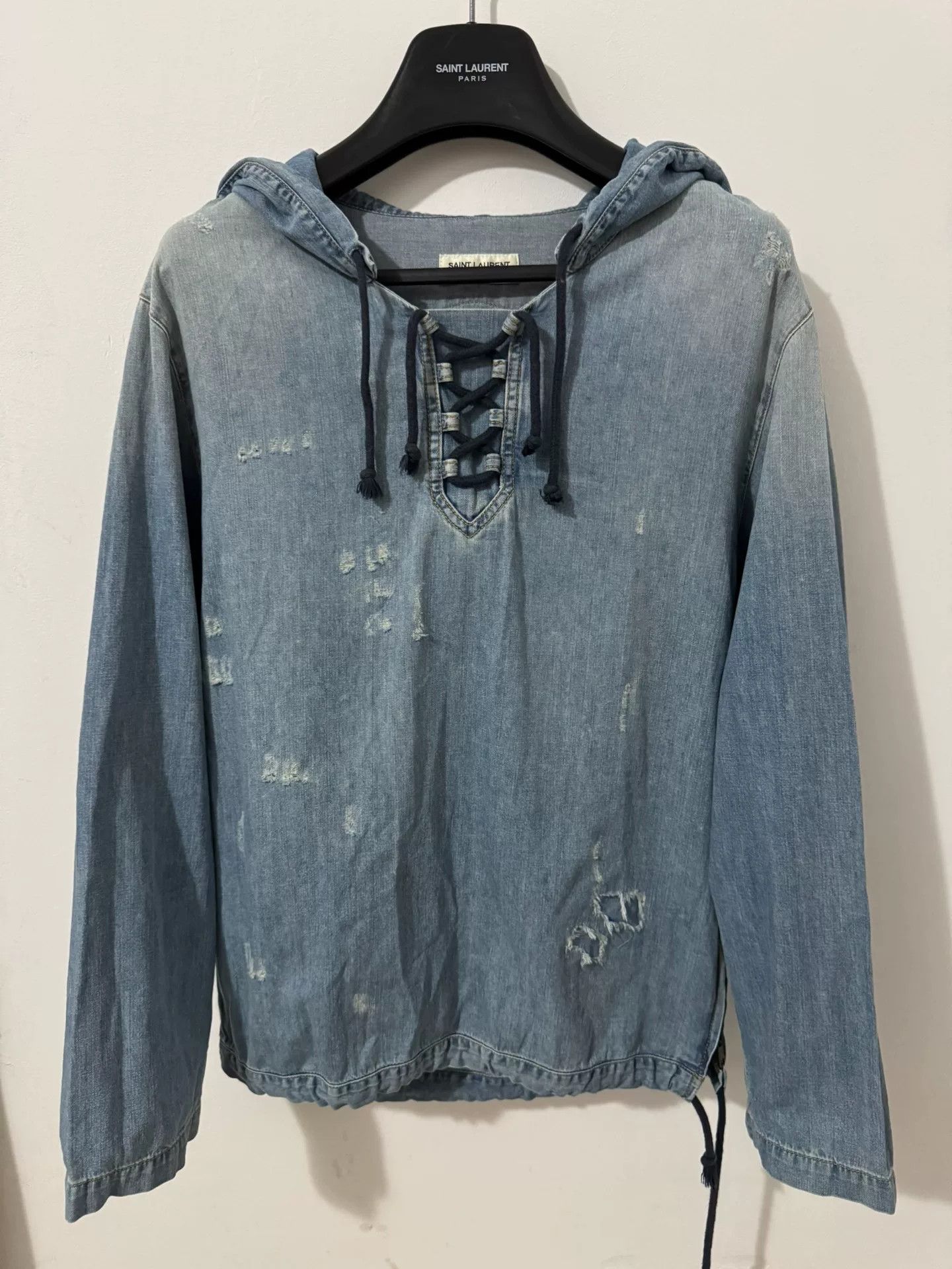 Saint Laurent Paris Saint Laurent Distressed Denim Hoodie Size XS / US 0-2 / IT 36-38 - 1 Thumbnail