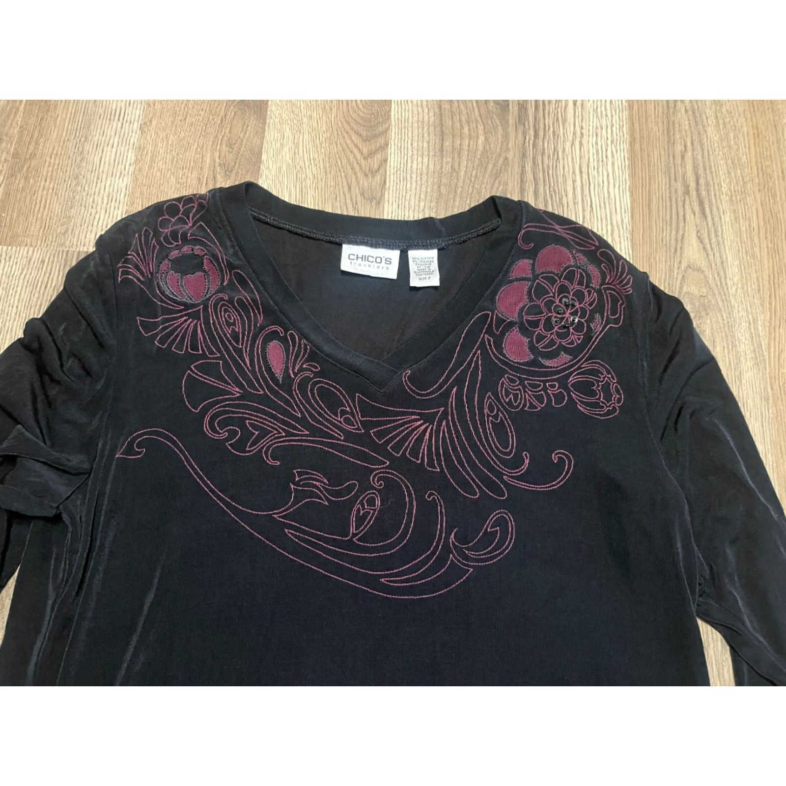 Vintage Chico's Shirt, Women's Large, Black, Floral, Paisley, Long Sleeve, T-Shirt, Regular Fit, Pullover, Casual, Fall Spring Summer, Womens Size L / US 10 / IT 46 - 3 Thumbnail