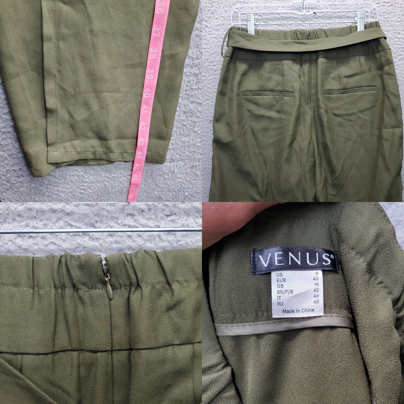 Venus Venus Pants Women Size 8 Green Tie Waist Gold Button Ankle Slit Back Zip Size 30" / US 8 / IT 44 - 8 Thumbnail