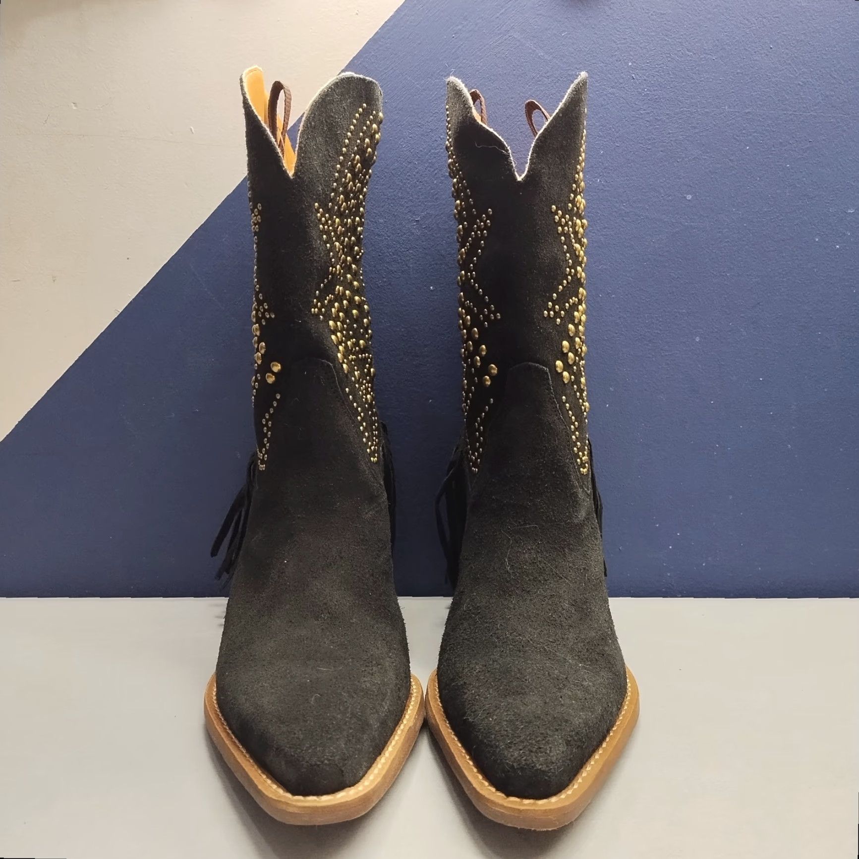 Vintage Dingo Star Power Western Boots Womens US 9M Black Leather Fringe Studded DI2357 NWOB Women Size 9 Western Boot Size US 9 / IT 39 - 2 Thumbnail