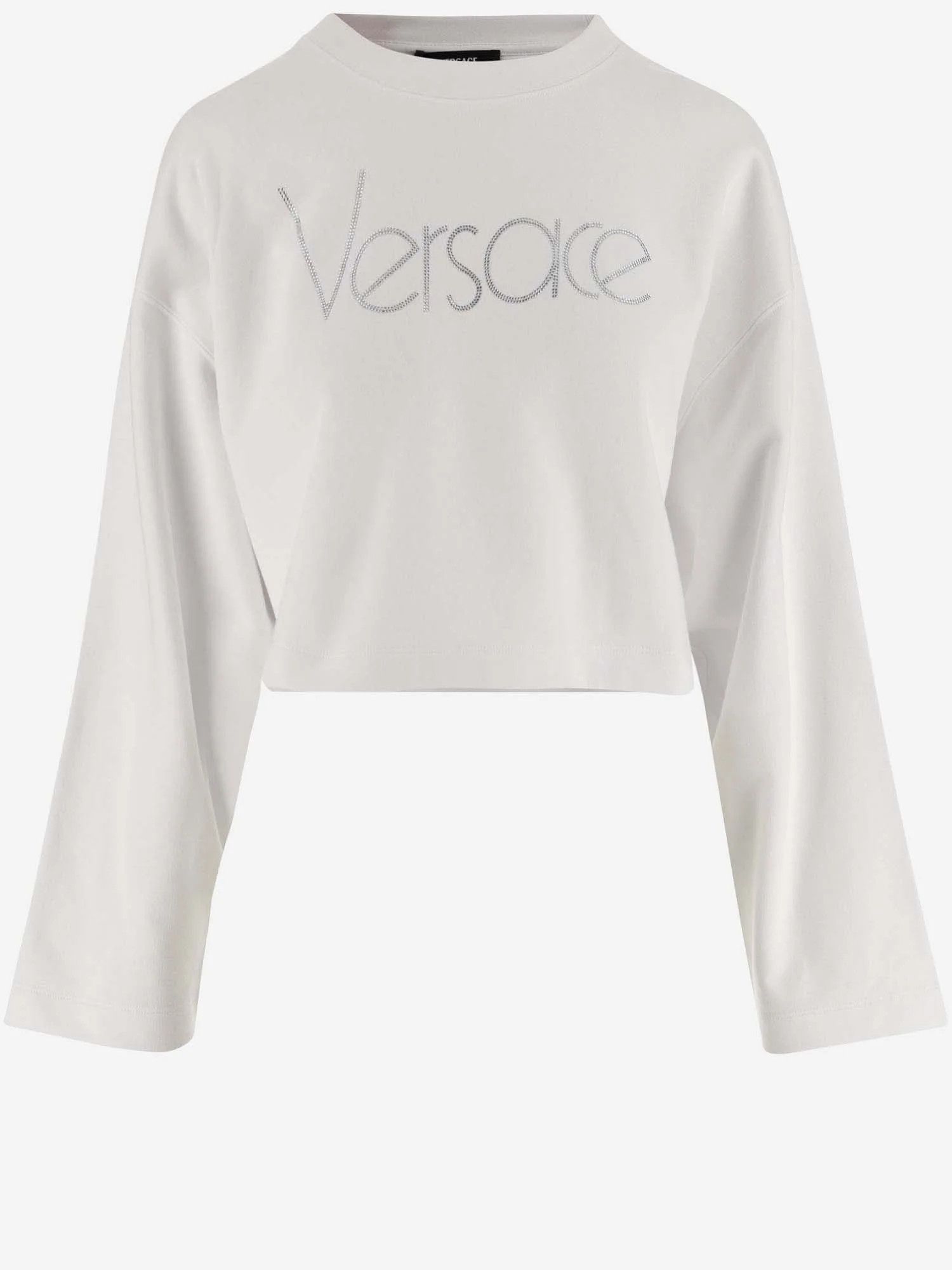 Versace o1s22i1n1024 Rhineston Cropped Sweatshirt in White Size M / US 6-8 / IT 42-44 - 1 Thumbnail