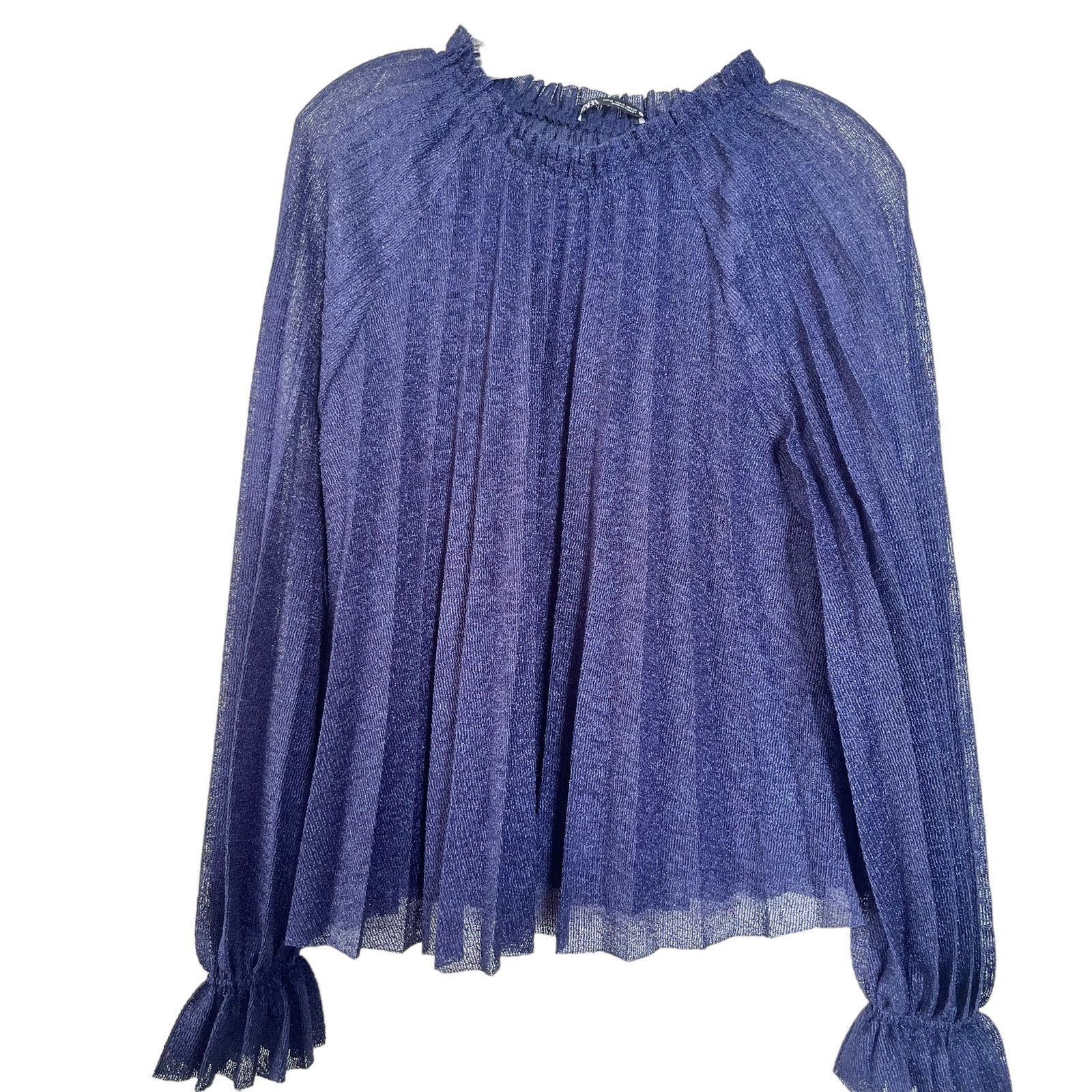 Zara Zara Knit Blue Pleated Bell Sleeve Ruffle Neck Sheer Blouse Size M / US 6-8 / IT 42-44 - 6 Thumbnail