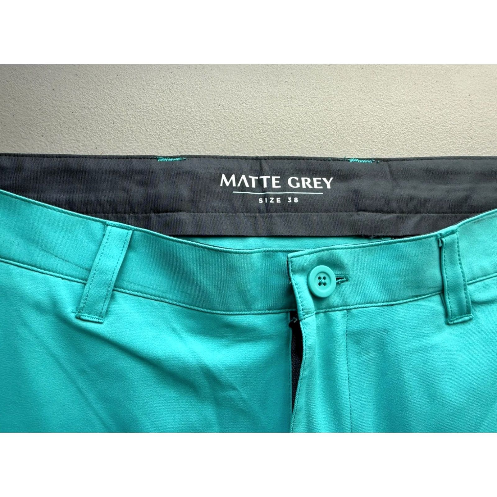 Vintage Matte Grey Turquoise Golf Shorts Men’s 38 Polyester Chino Flat Front Pockets Regular Rise Mid Rise Outdoor Casual Slim Fit Size US 38 / EU 54 - 2 Thumbnail