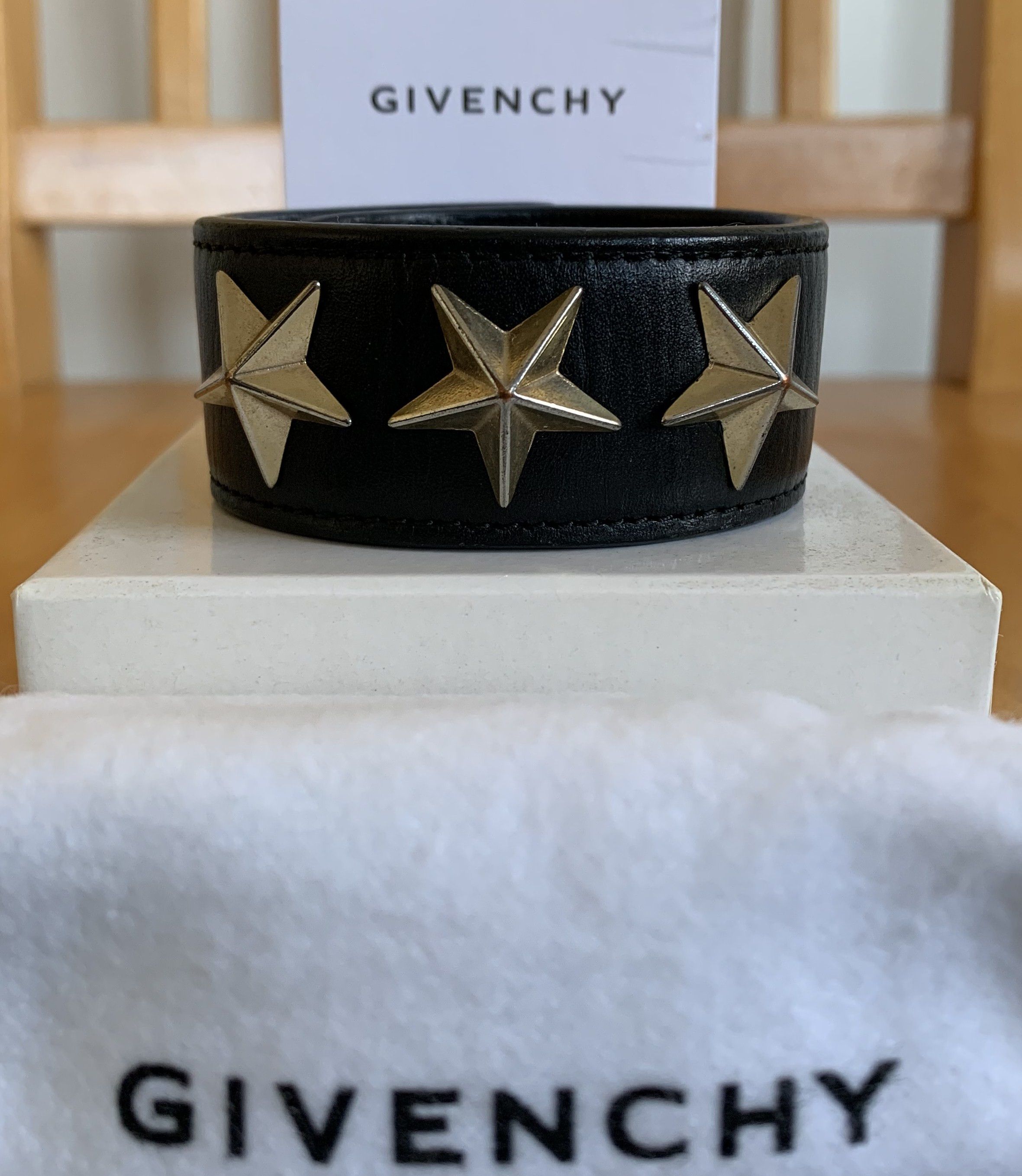 image of Givenchy Stars Leather Bracelet + Box in Black, Men's