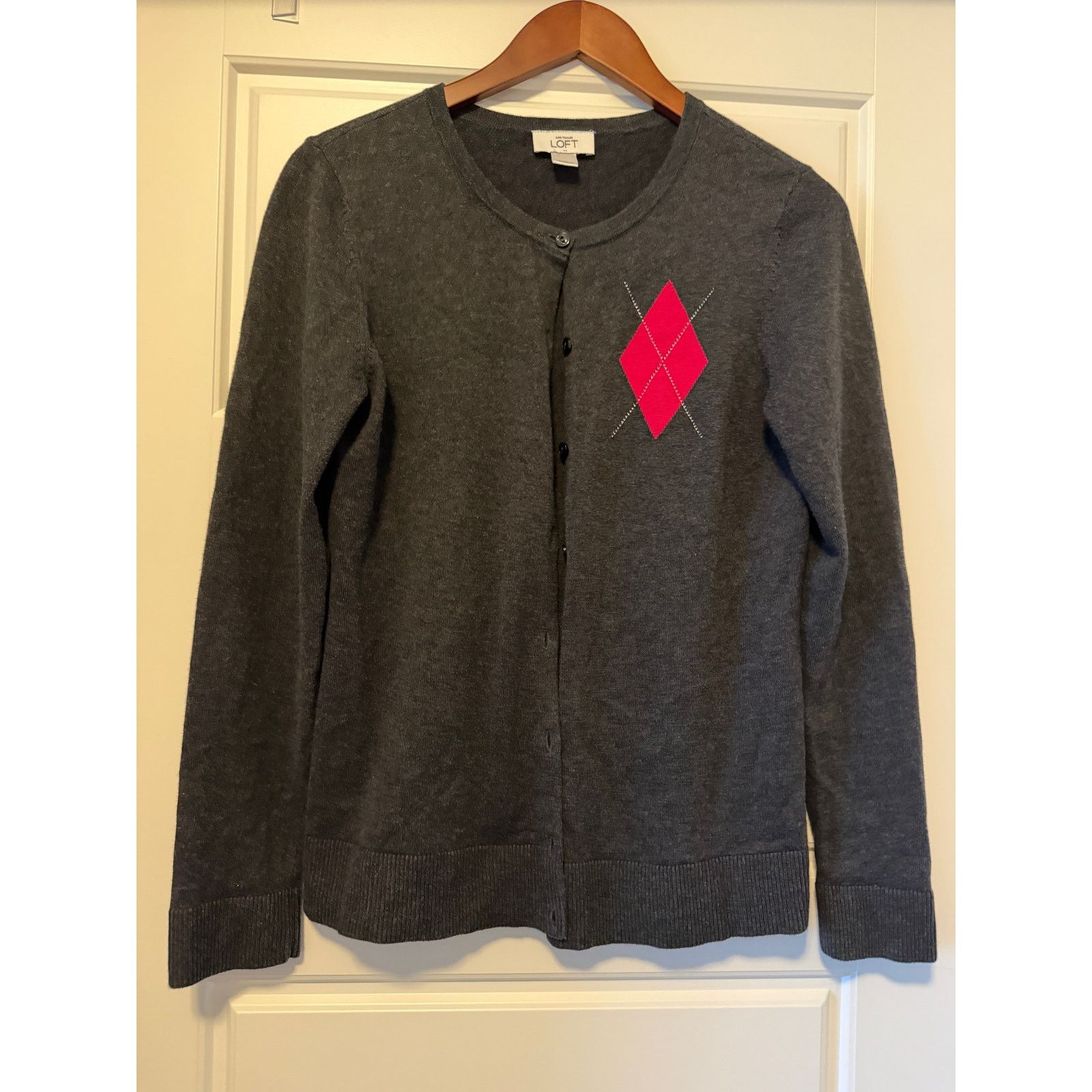 Loft Loft Modern Cardigan in Dark Gray with Argyle Pink, Size M Size M / US 6-8 / IT 42-44 - 3 Thumbnail