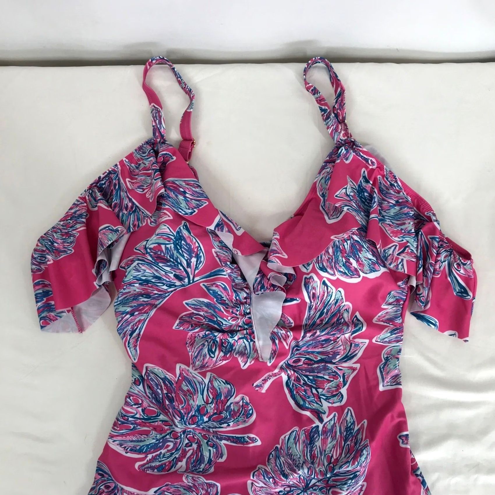Vintage Marilyn Monroe One Piece Pink Tropical Monstera Leaf Ruffle Spaghetti Strap L Womens Sized XL Size ONE SIZE - 2 Thumbnail