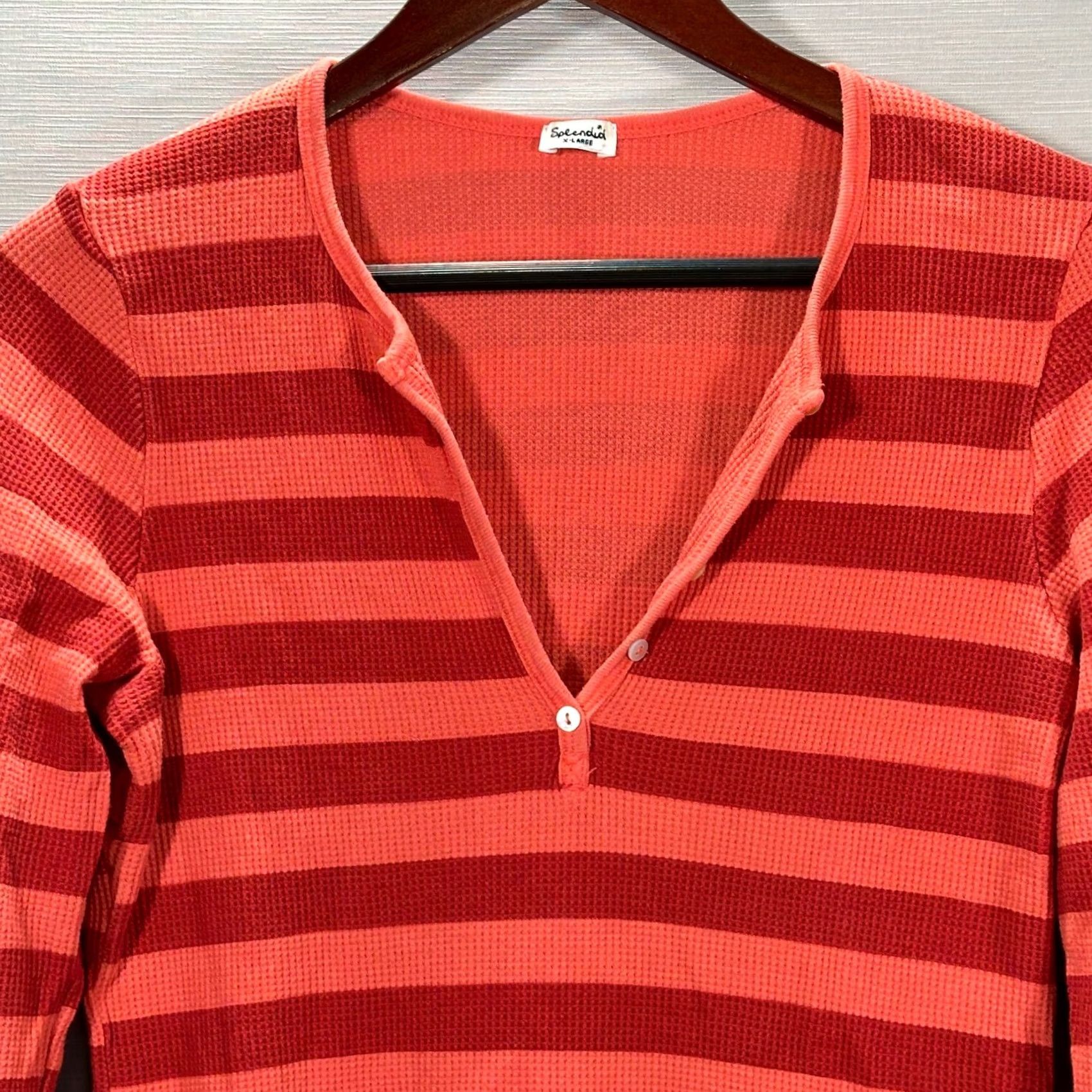 Splendid Splendid Womens XL Orange Striped Cotton Blend Knit Long Sleeve Tee Pullover Shirt V-Neck Top Size XL / US 12-14 / IT 48-50 - 2 Thumbnail