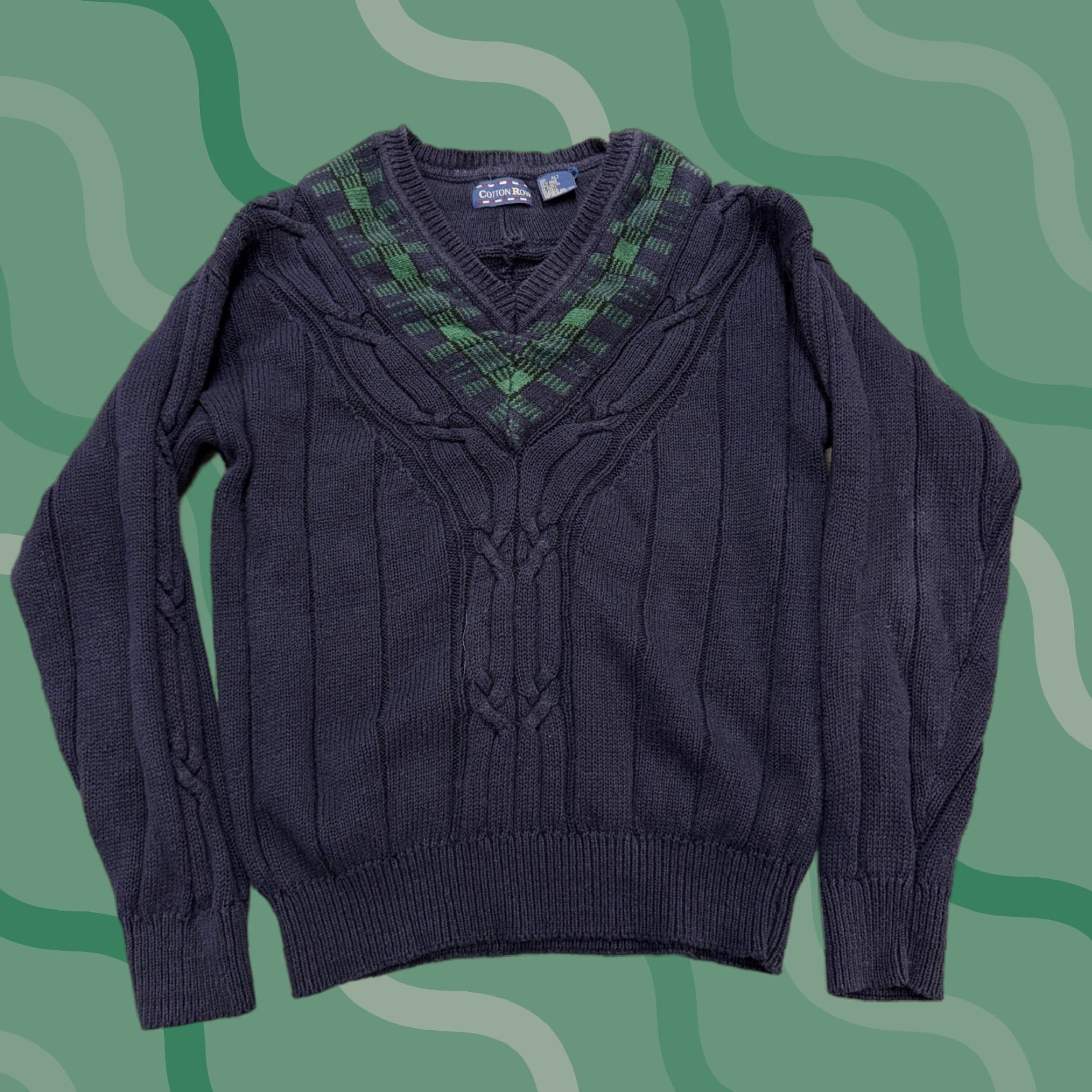 Vintage VINTAGE Cotton Row Sweater Mens XLT Blue Cable-Knit V-Neck Pullover Big Tall Plaid Trim Size US XL / EU 56 / 4 - 1 Thumbnail