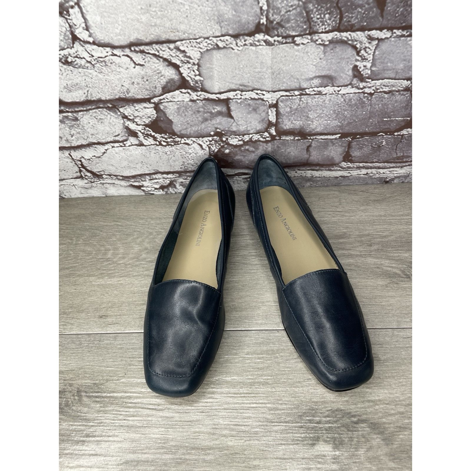 Enzo Bonafe Enzo Angiolini Liberty Navy Blue Leather Square Toe Loafers Size US 7 / IT 37 - 15 Thumbnail
