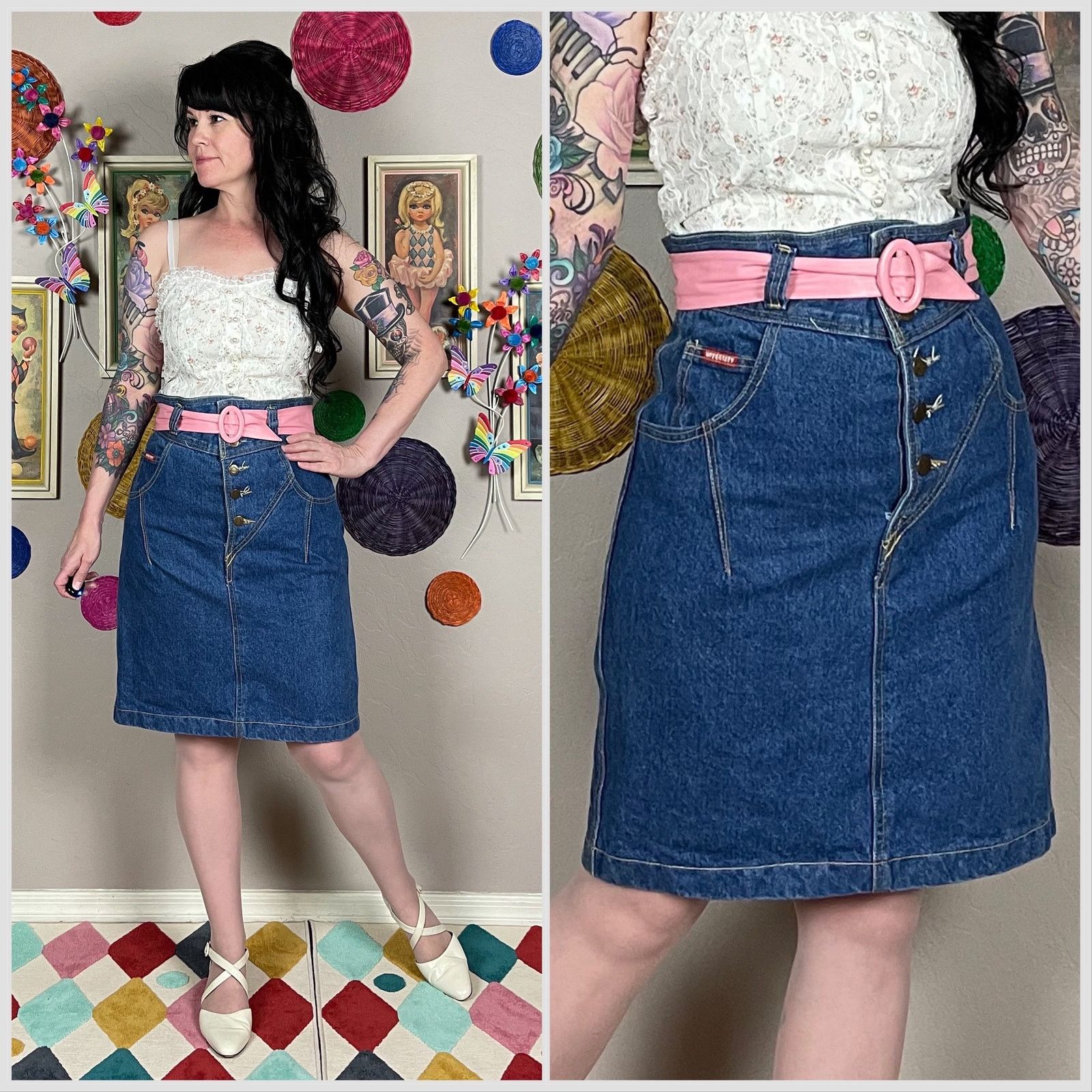 Vintage Vintage 1980s High Waist Mini Denim Jean Miniskirt Size 32" / US 10 / IT 46 - 1 Thumbnail