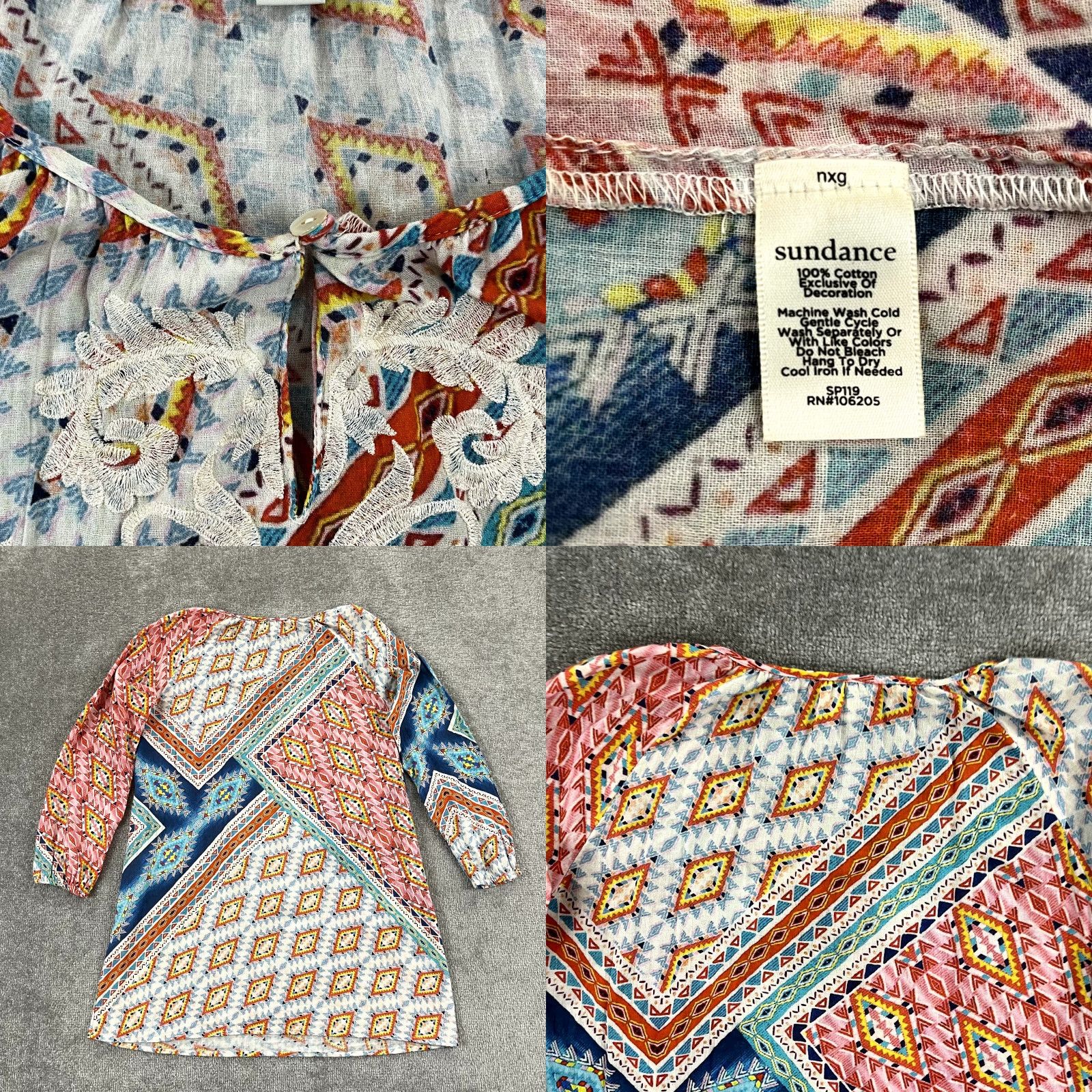Vintage SUNDANCE Top Womens Small Geometric Floral Adisa Beach Coverup Tunic Shirt 3/4 Size S / US 4 / IT 40 - 8 Thumbnail