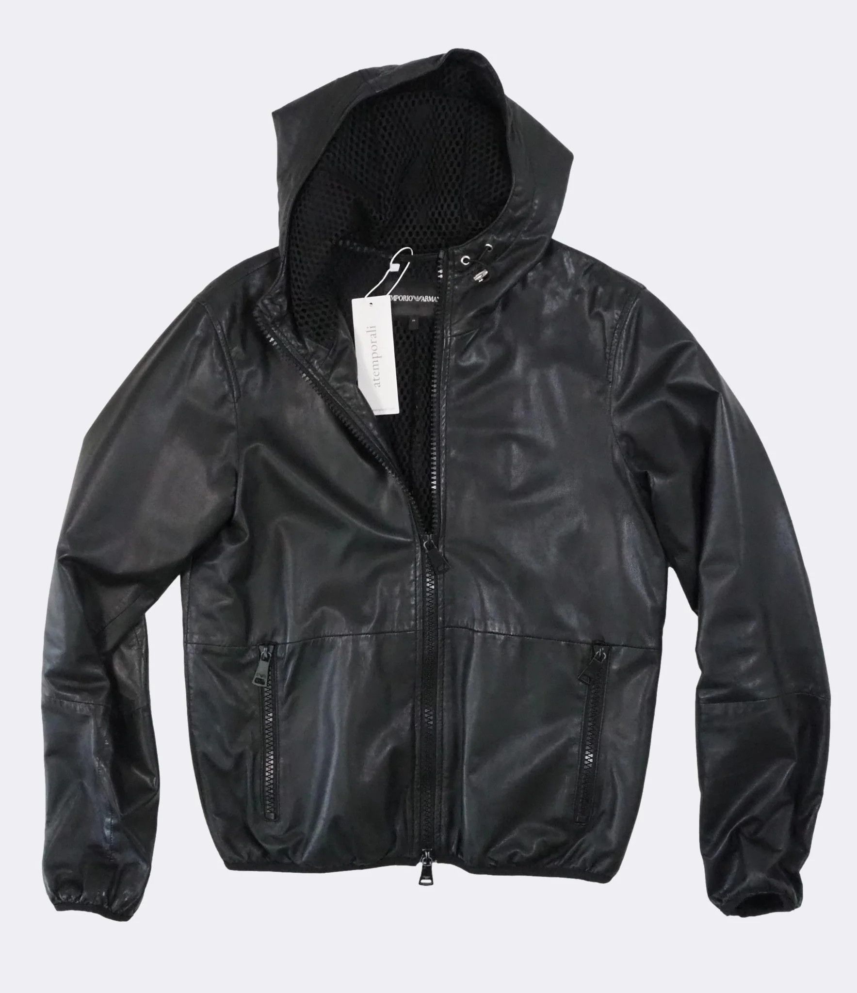 Emporio Armani Emporio Armani Black Hooded Zip-Front Leather Jacket $1125 Size US M / EU 48-50 / 2 - 10 Thumbnail