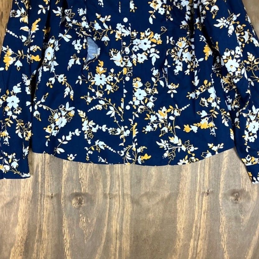 J.Crew J. Crew Blouse Womens Blue Multicolored Floral Ruffle Button Down Long Sleeve M Shirt Size M / US 6-8 / IT 42-44 - 3 Thumbnail