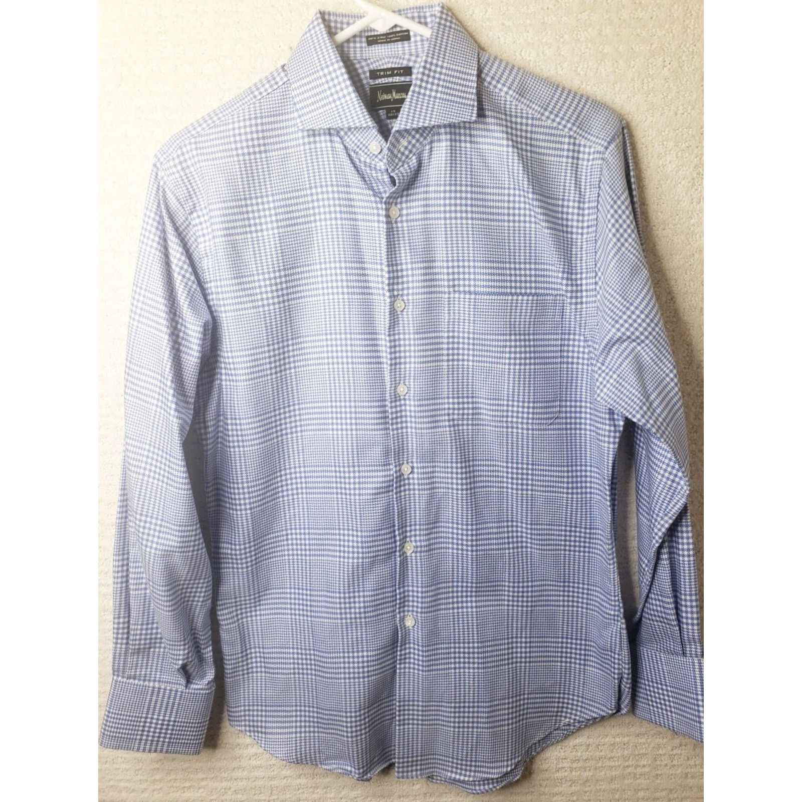 Neiman Marcus Neiman Marcus Shirt Mens 15 x 32/33 Light Blue White Plaid Trim Fit Long Sleeve Button Up 2Ply Dress Shirt Mens Shirts Size US M / EU 48-50 / 2 - 2 Thumbnail