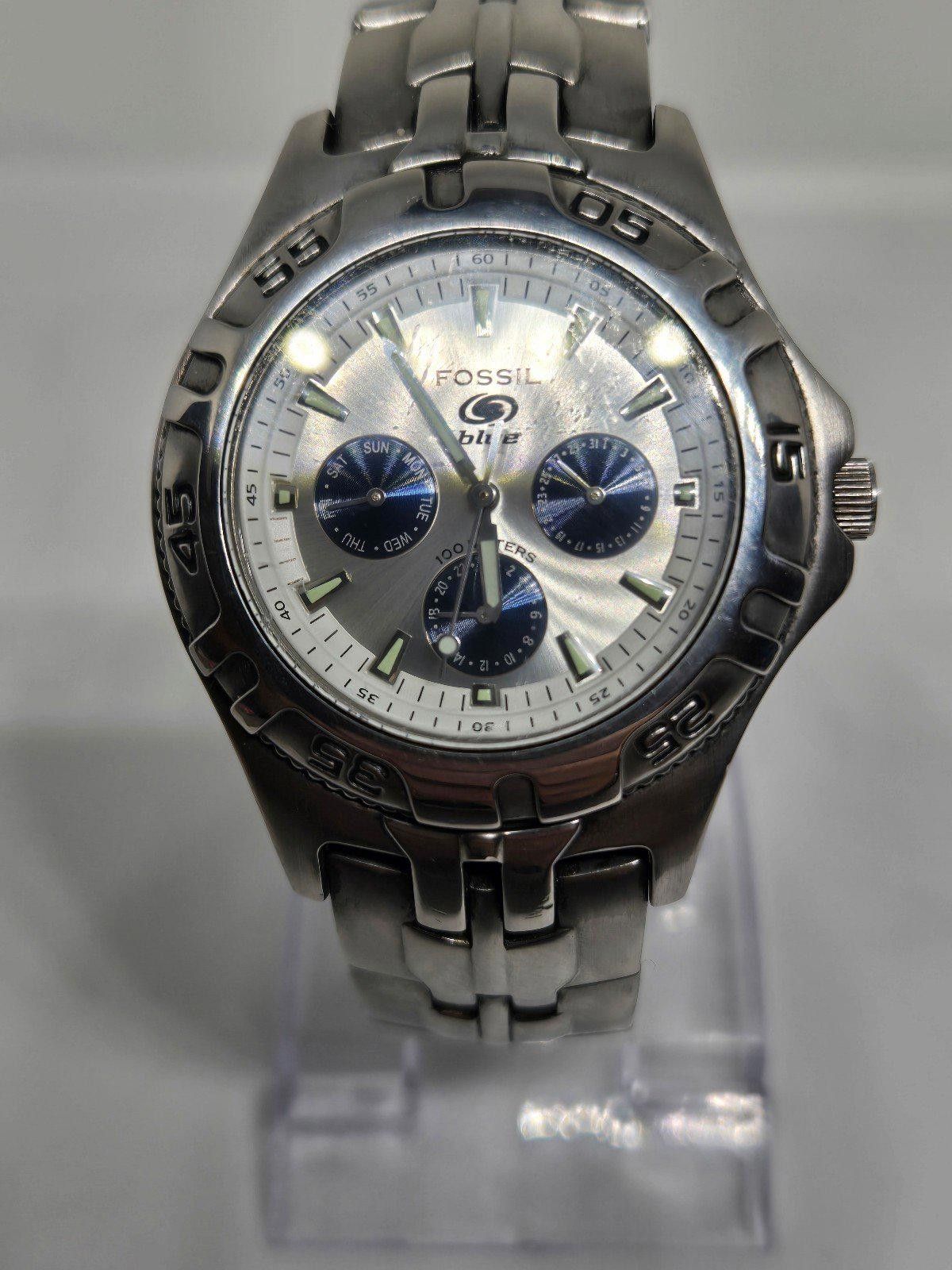 Fossil Quartz Watch Bq-9165 Men 100M Silver Tone Steel Band