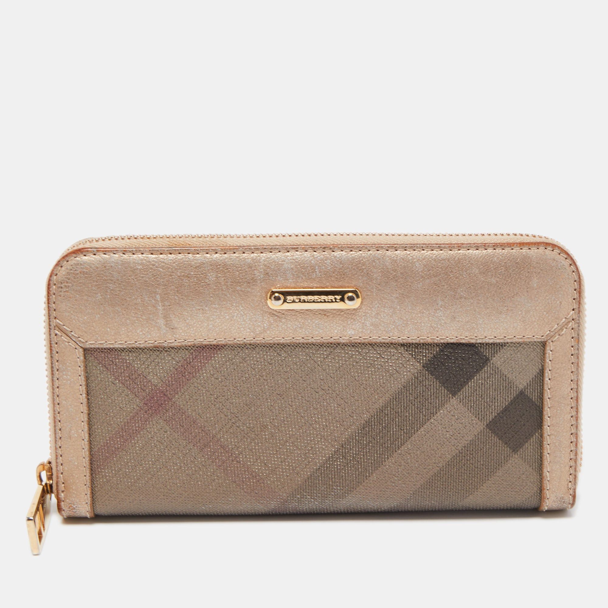 image of Burberry Metallic Beige Nova Check Coated Canvas Zip Around Wallet in Silver, Women's