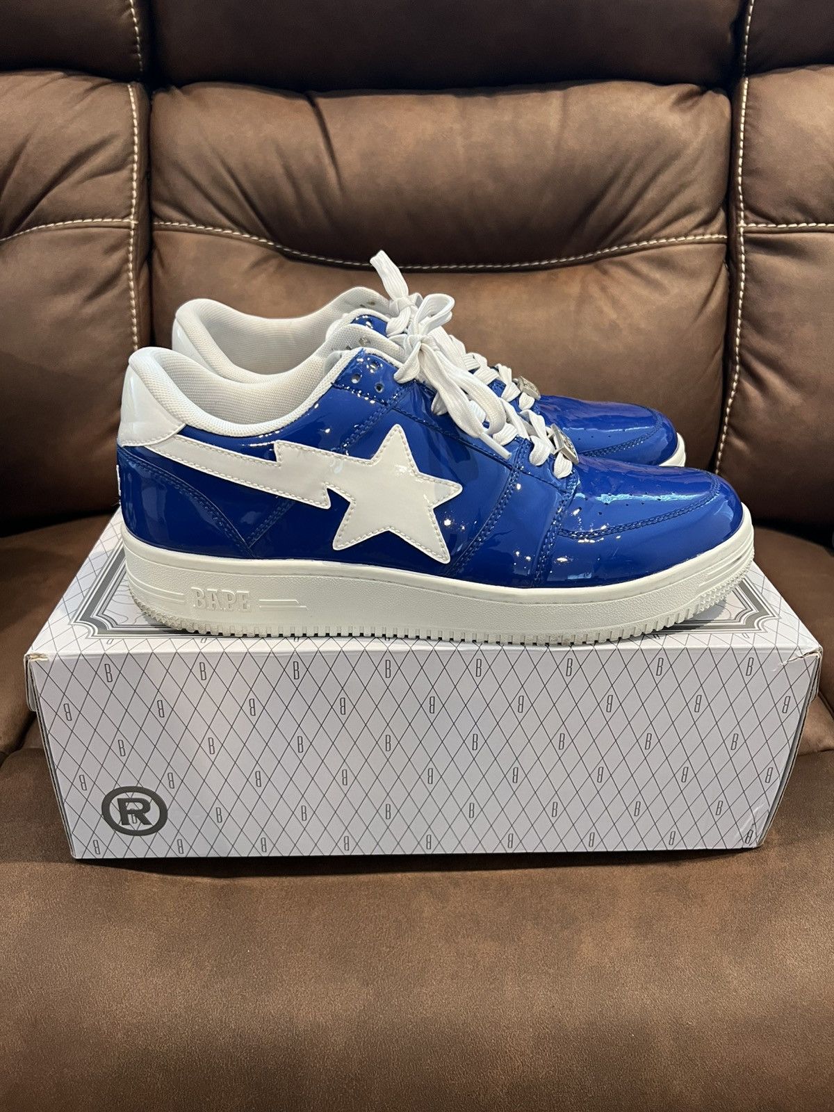 Bape Patent Leather Blue Bapesta Shoes, Men's (Size 12)