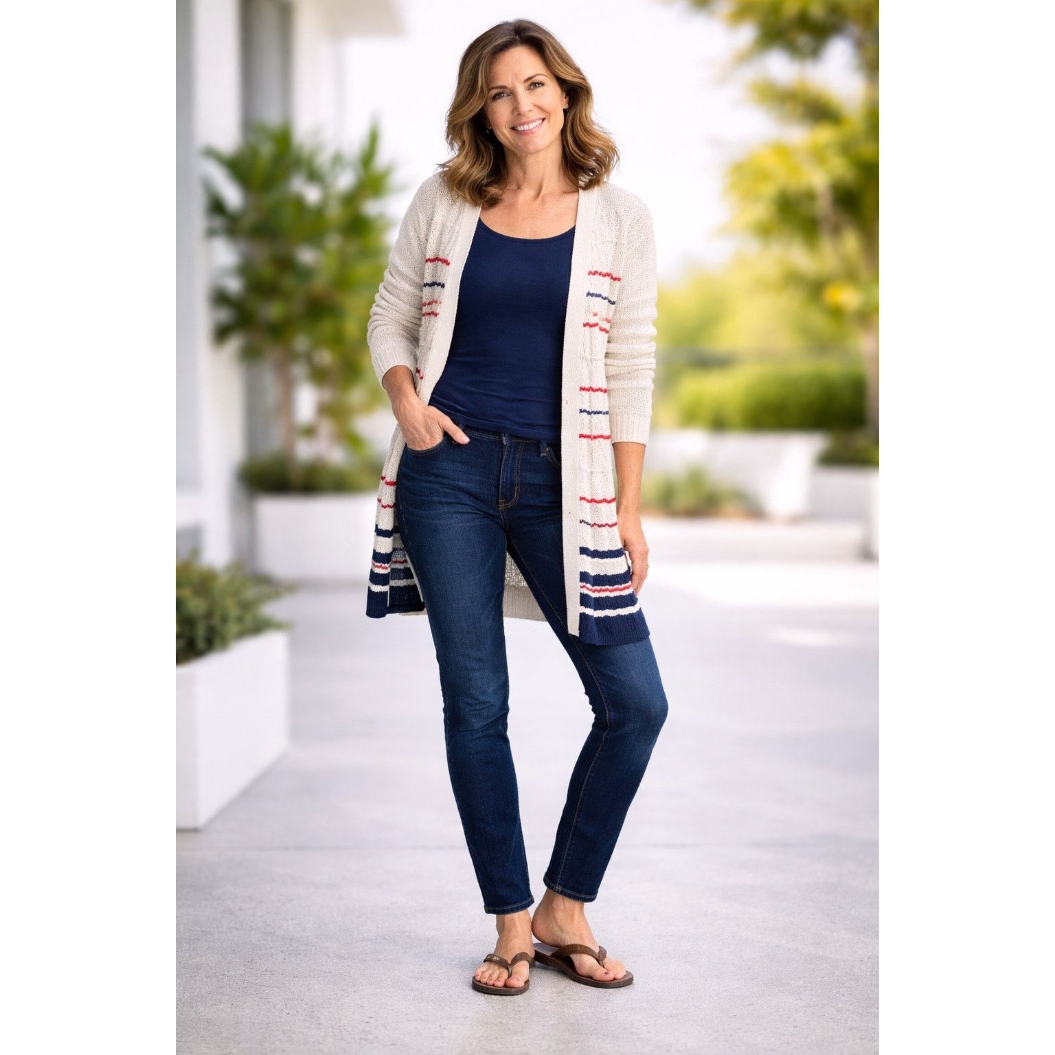 Other Westport Striped Knit Open Cardigan Women Cream XL - A010 Size XL / US 12-14 / IT 48-50 - 1 Thumbnail