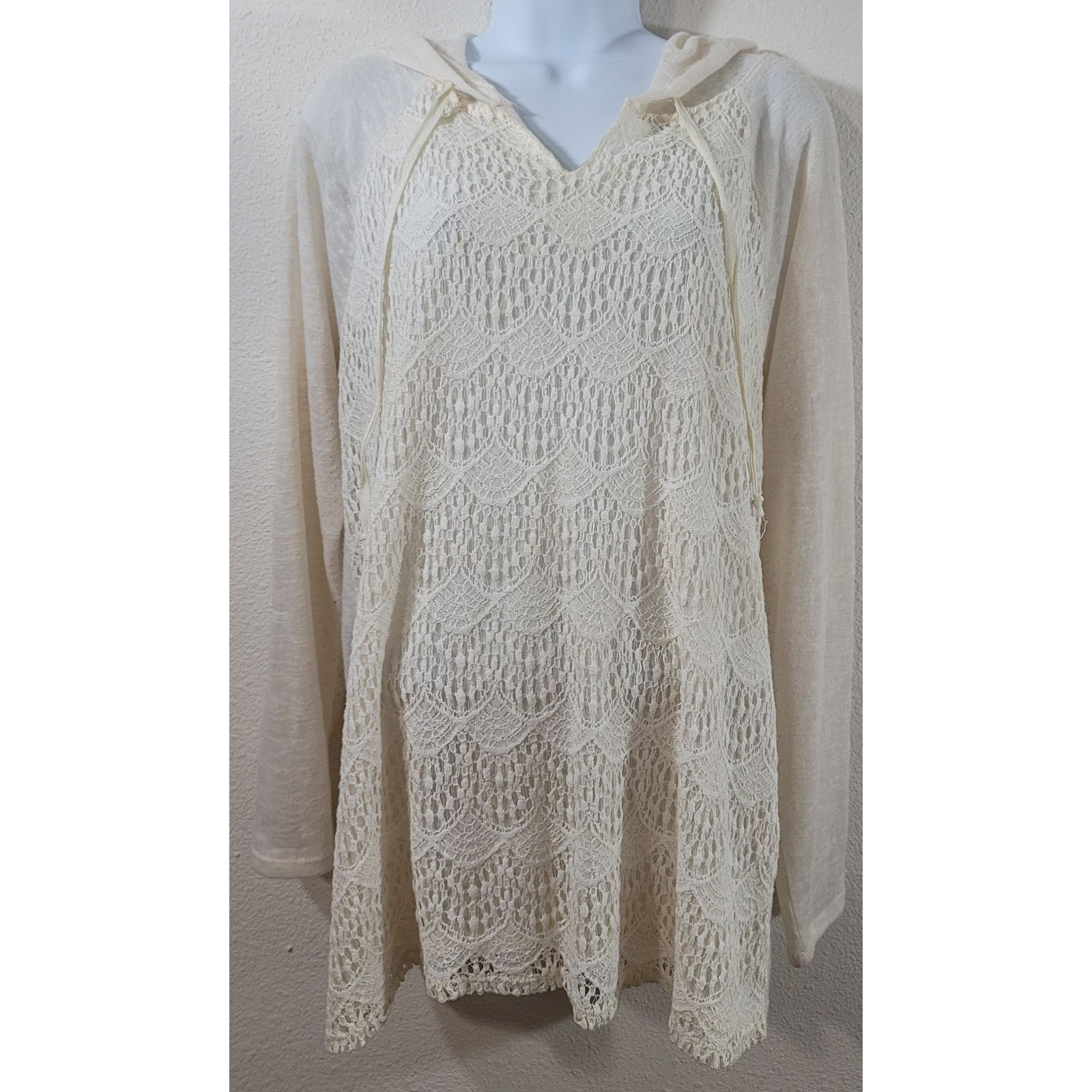Other New Directions Beige Lace Overlay Slub Knit Hoodie Top XL Size XL / US 12-14 / IT 48-50 - 1 Thumbnail
