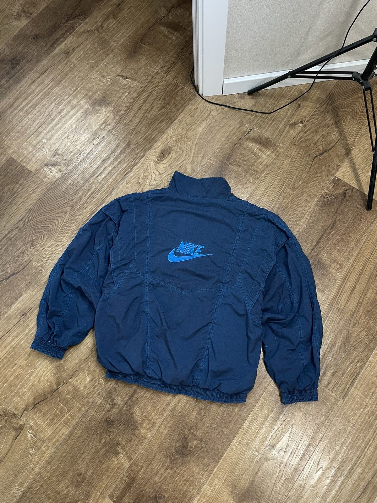 image of Nike 90’S Y2K Big Logo Drill Nylon Bomber Jacket in Blue, Men's (Size Medium)
