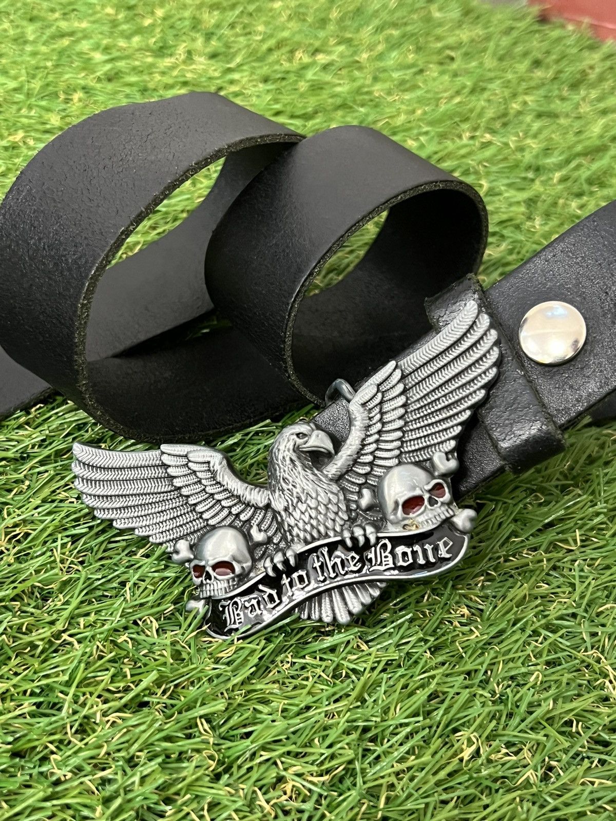 Japanese Brand × Vintage Vintage Skull "Bad to the Bone" Y2k Leather Dark Brown Belt Size ONE SIZE - 4 Thumbnail